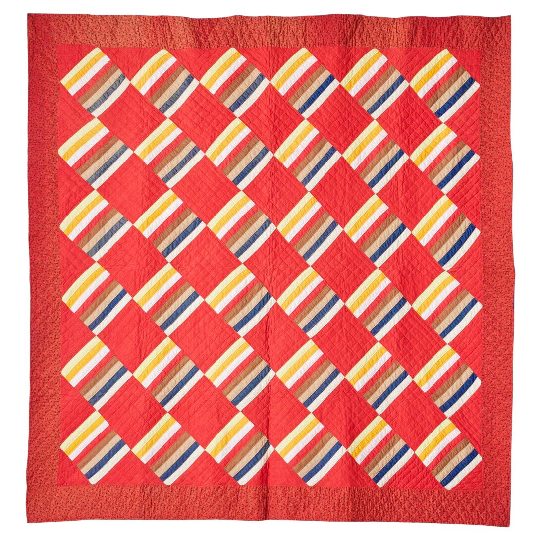 Antique Handmade Patchwork “Joseph’s Coat Variation” Quilt in Red, USA, 1880's