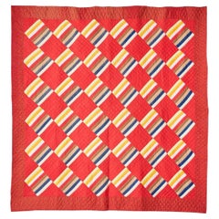 Antique Handmade Patchwork “Joseph’s Coat Variation” Quilt in Red, USA, 1880's