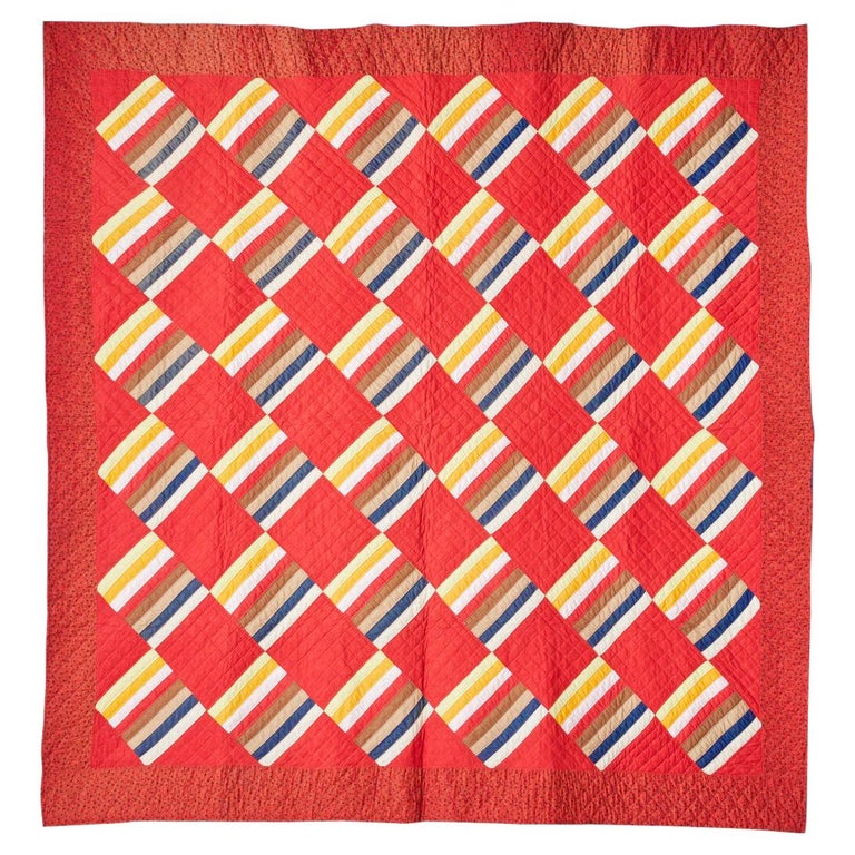 Antique Handmade Patchwork “Joseph’s Coat Variation” Quilt in Red, USA, 1880's For Sale
