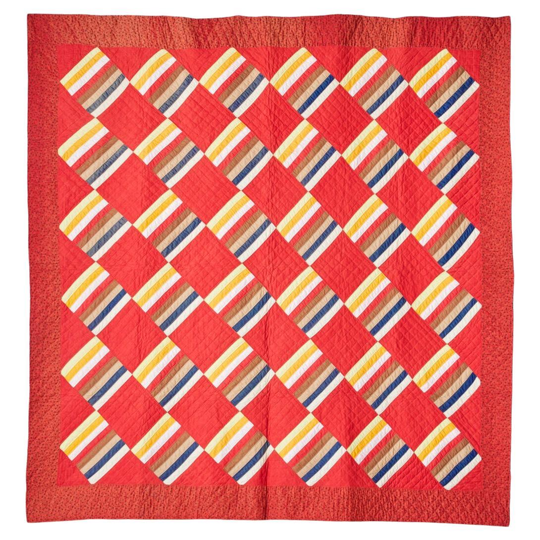 Antique Handmade Patchwork “Joseph’s Coat Variation” Quilt in Red, USA, 1880s