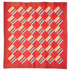 Antique Handmade Patchwork “Joseph’s Coat Variation” Quilt in Red, USA, 1880s
