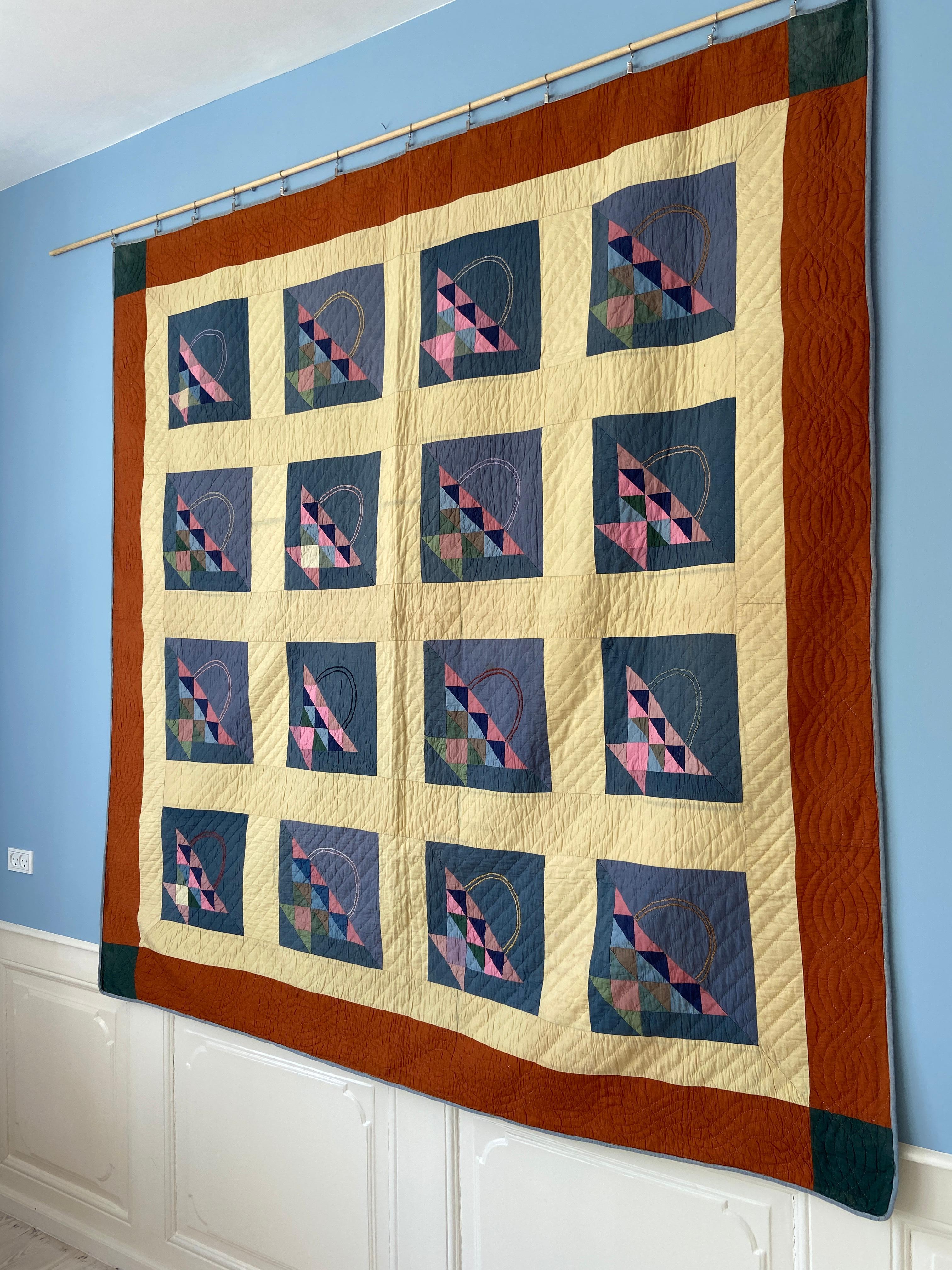 American Antique Handmade Patchwork Quilt Decorated with Colorful Baskets, USA, 1920's For Sale