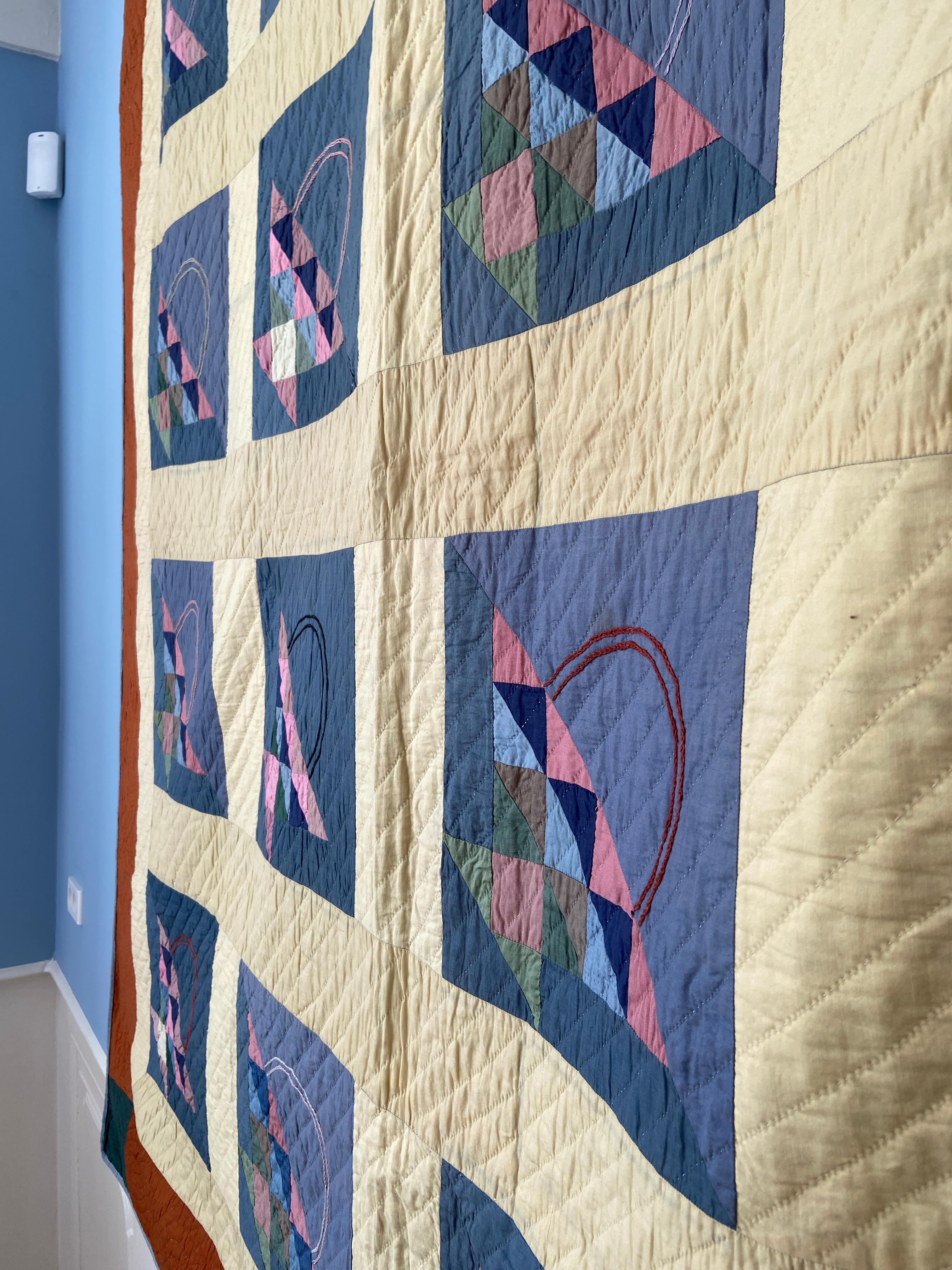 Antique Handmade Patchwork Quilt Decorated with Colorful Baskets, USA, 1920's For Sale 2