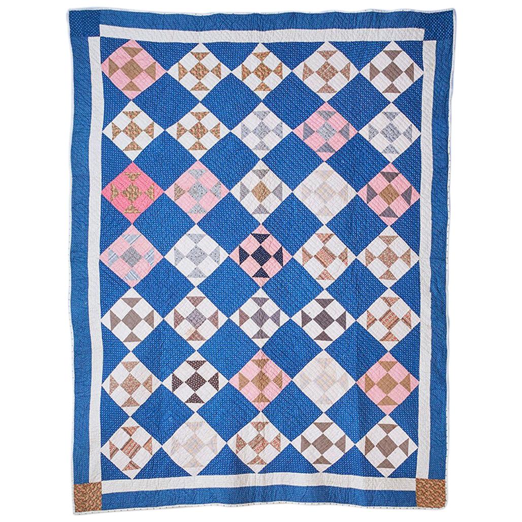 Antique Handmade Patchwork Quilt in Blue, White and Pink, USA, 1880s