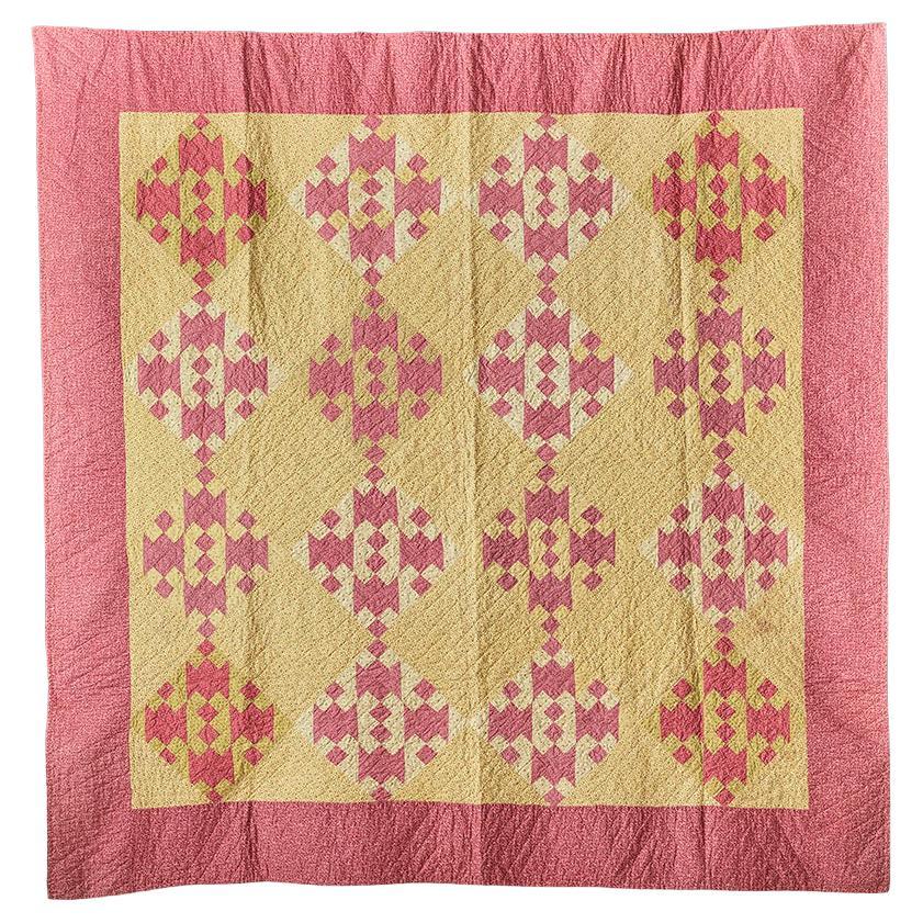 Antique Handmade Patchwork Quilt "Jacob’s Ladder" in Pink and Yellow, USA 1890's