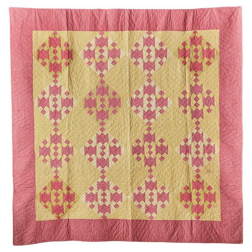 Antique Handmade Patchwork Quilt "Jacob’s Ladder" in Pink and Yellow, USA 1890s