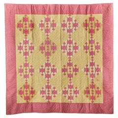 Antique Handmade Patchwork Quilt "Jacob’s Ladder" in Pink and Yellow, USA 1890s