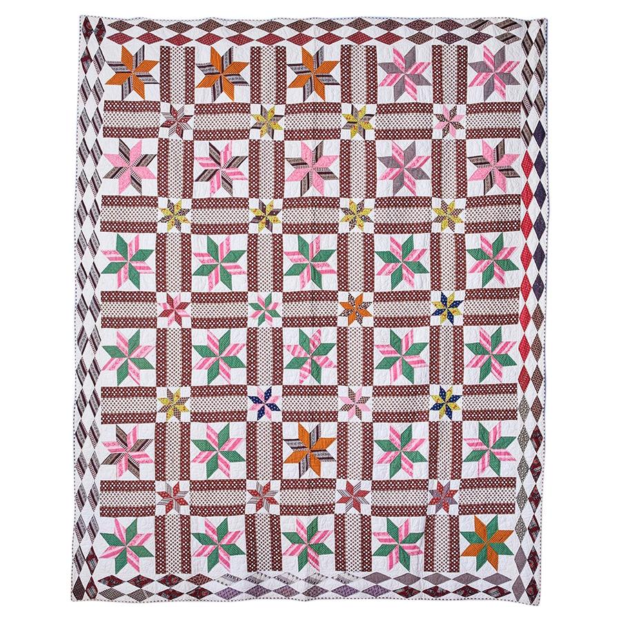 Antique Handmade Patchwork Quilt "Lemoyne Stars" in Multi Colors, USA 1870s