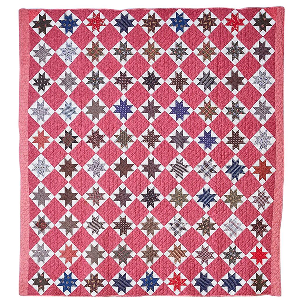 Antique Handmade Patchwork "Sawtooth Star" Quilt in Red and White, USA, 1880s