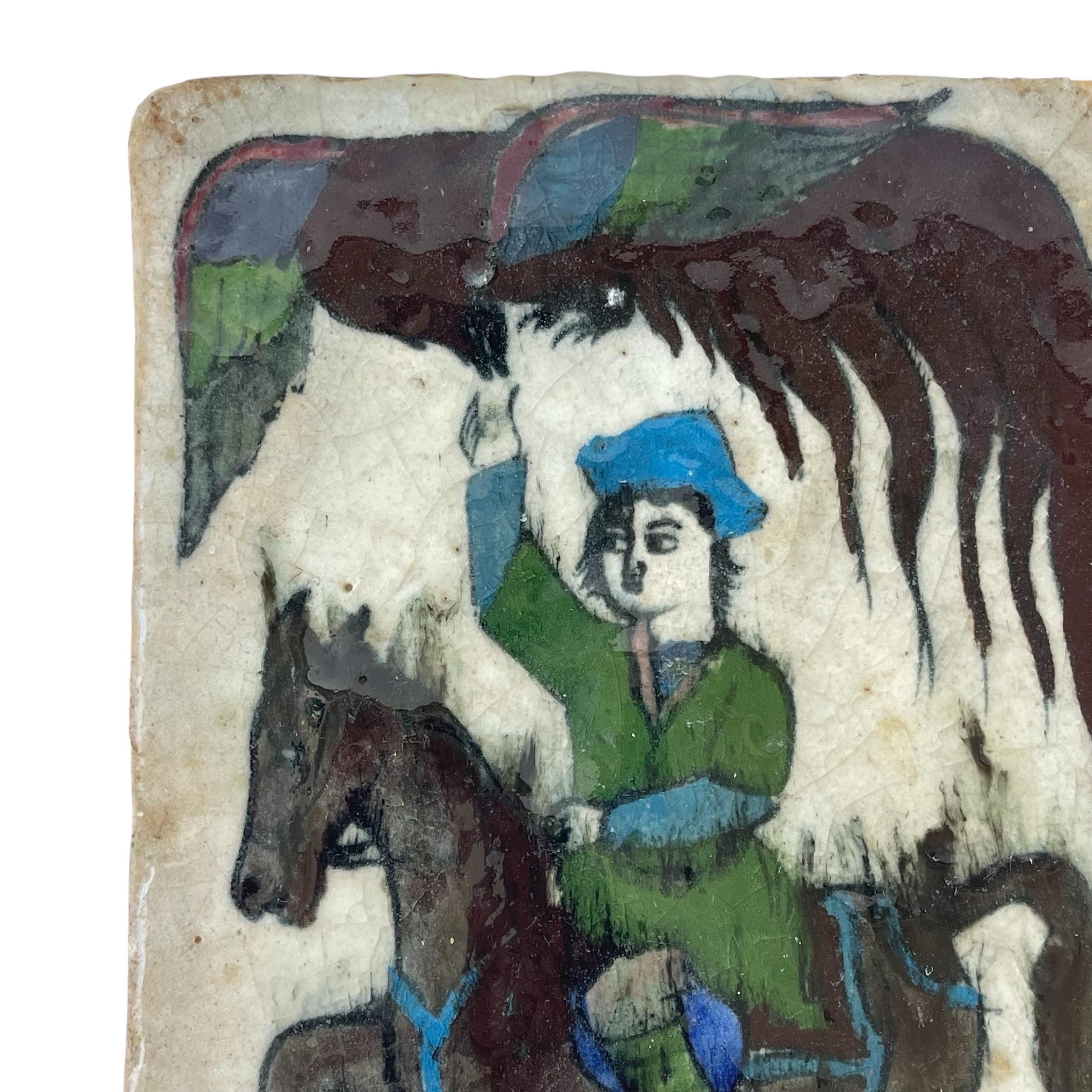 Argilla Antica piastrella persiana Qajar in argilla smaltata fatta a mano, Iran, Circa 1900 in vendita