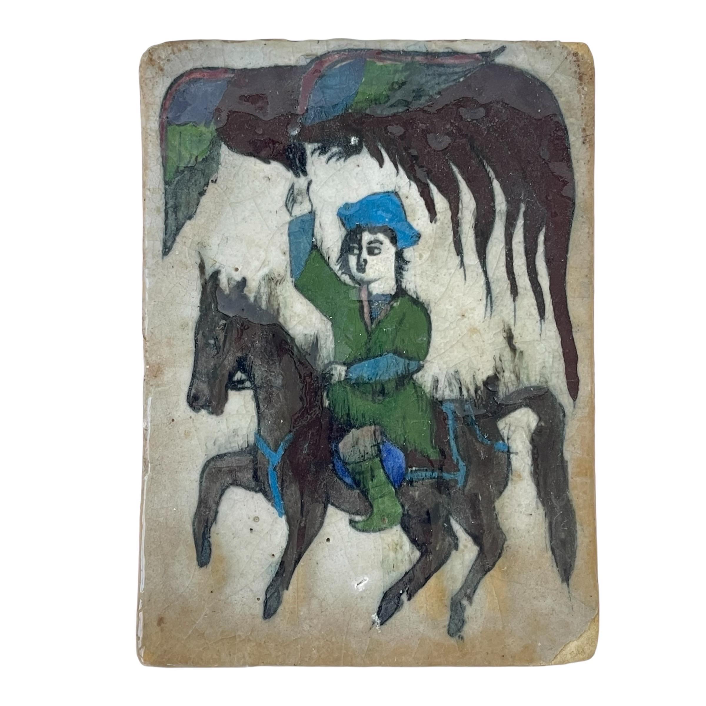 Antica piastrella persiana Qajar in argilla smaltata fatta a mano, Iran, Circa 1900 in vendita