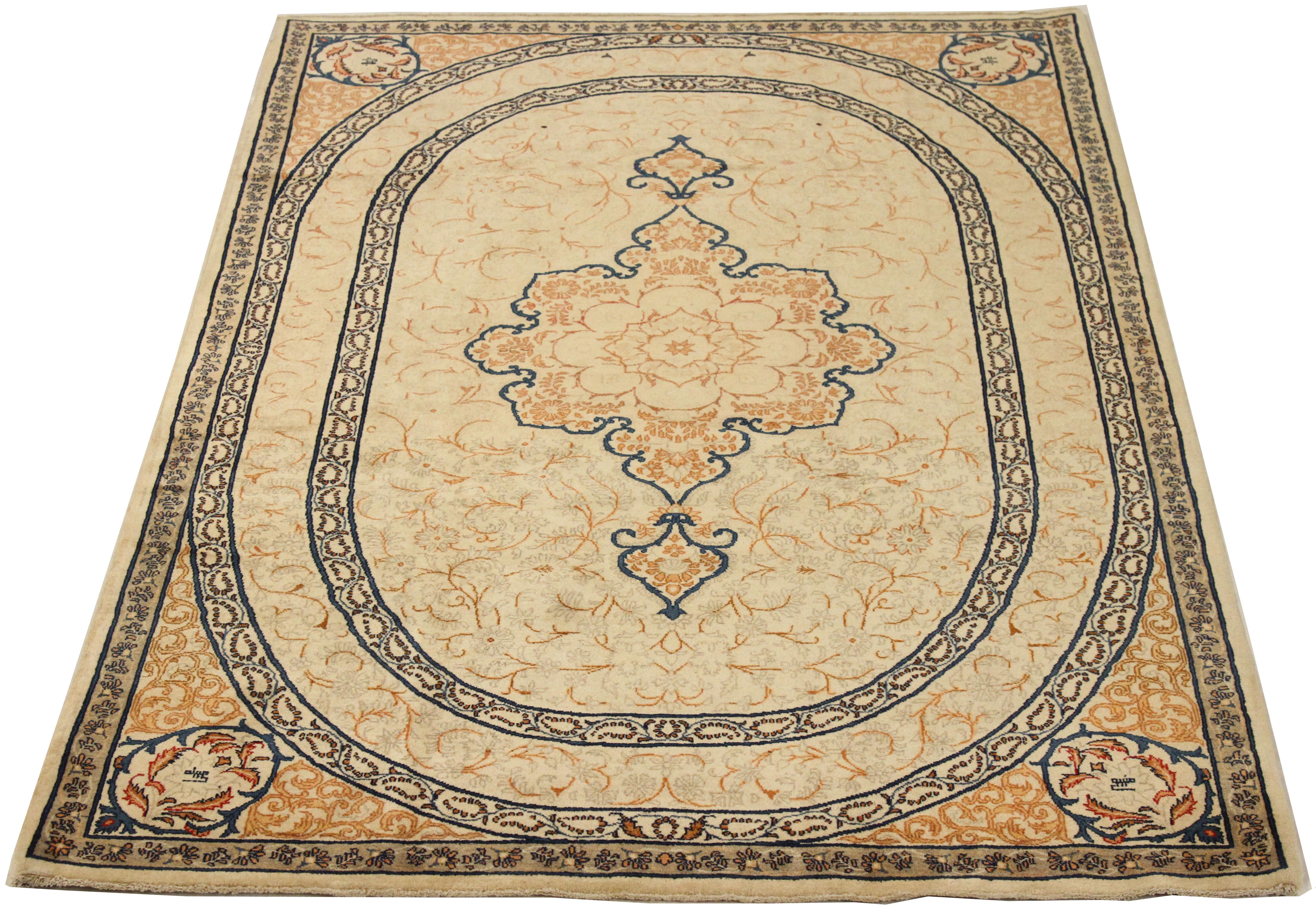 Antique mid-20th century hand-woven Persian area rug made from fine wool and all-natural vegetable dyes that are safe for people and pets. It features traditional Kashan weaving depicting intricate floral and botanical patterns often in bold colors.