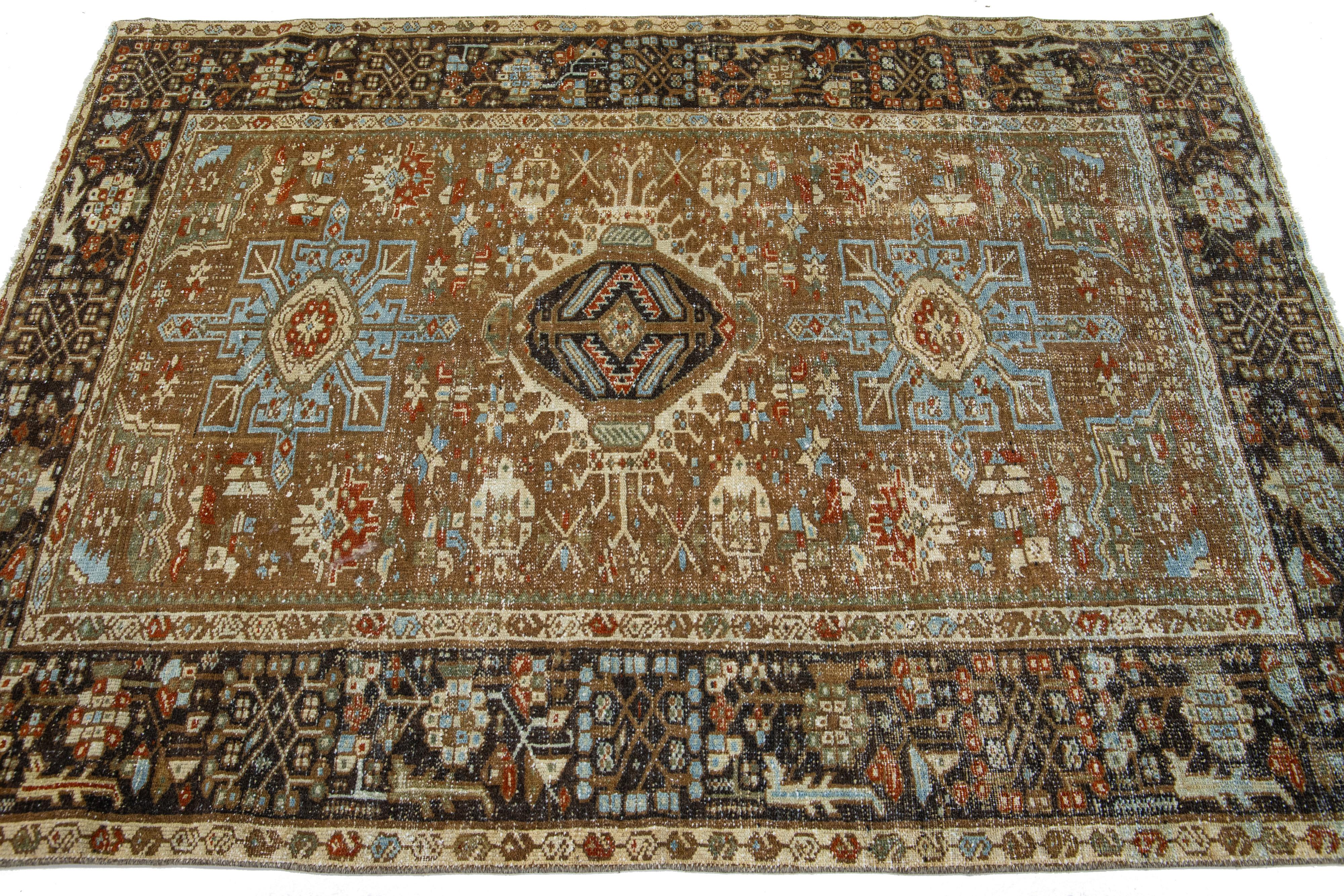 Hand-Knotted Antique Handmade Persian Scatter Wool Rug with Brown Field For Sale