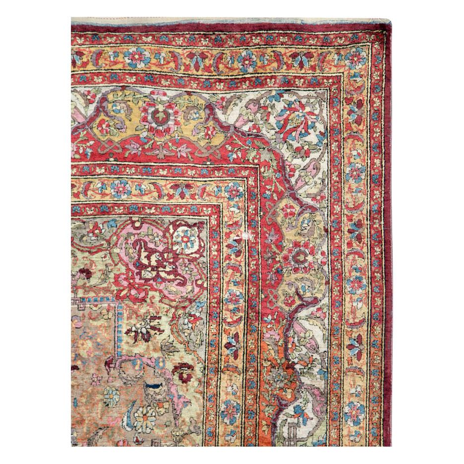 Hand-Knotted Antique Handmade Persian Silk Kashan Accent Rug