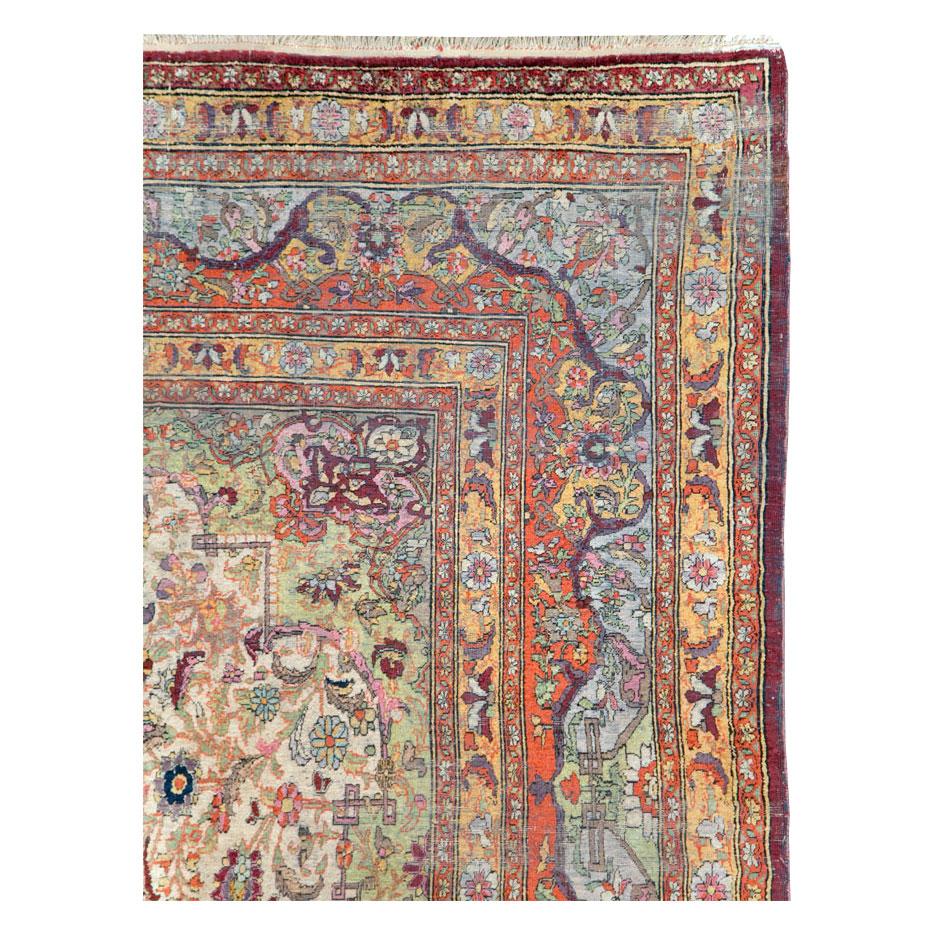 Antique Handmade Persian Silk Kashan Accent Rug In Fair Condition In New York, NY