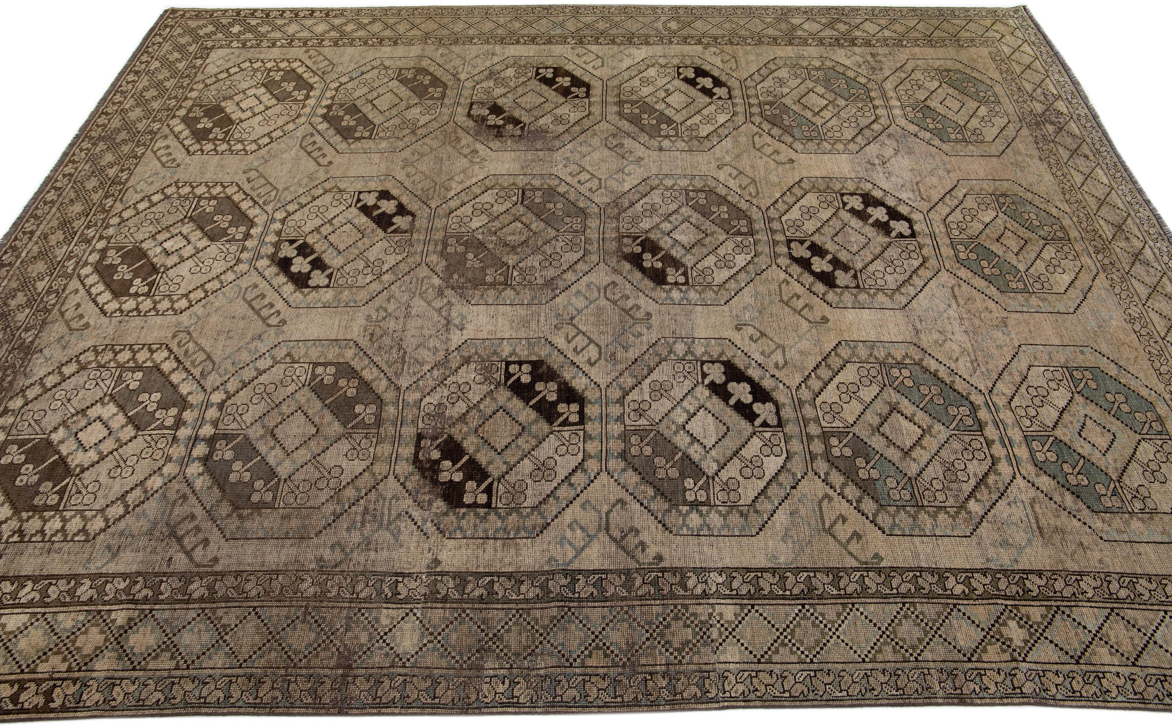 Antique Handmade Persian Turkmen Wool Rug with Geometric Motif in Light Brown  In Excellent Condition For Sale In Norwalk, CT