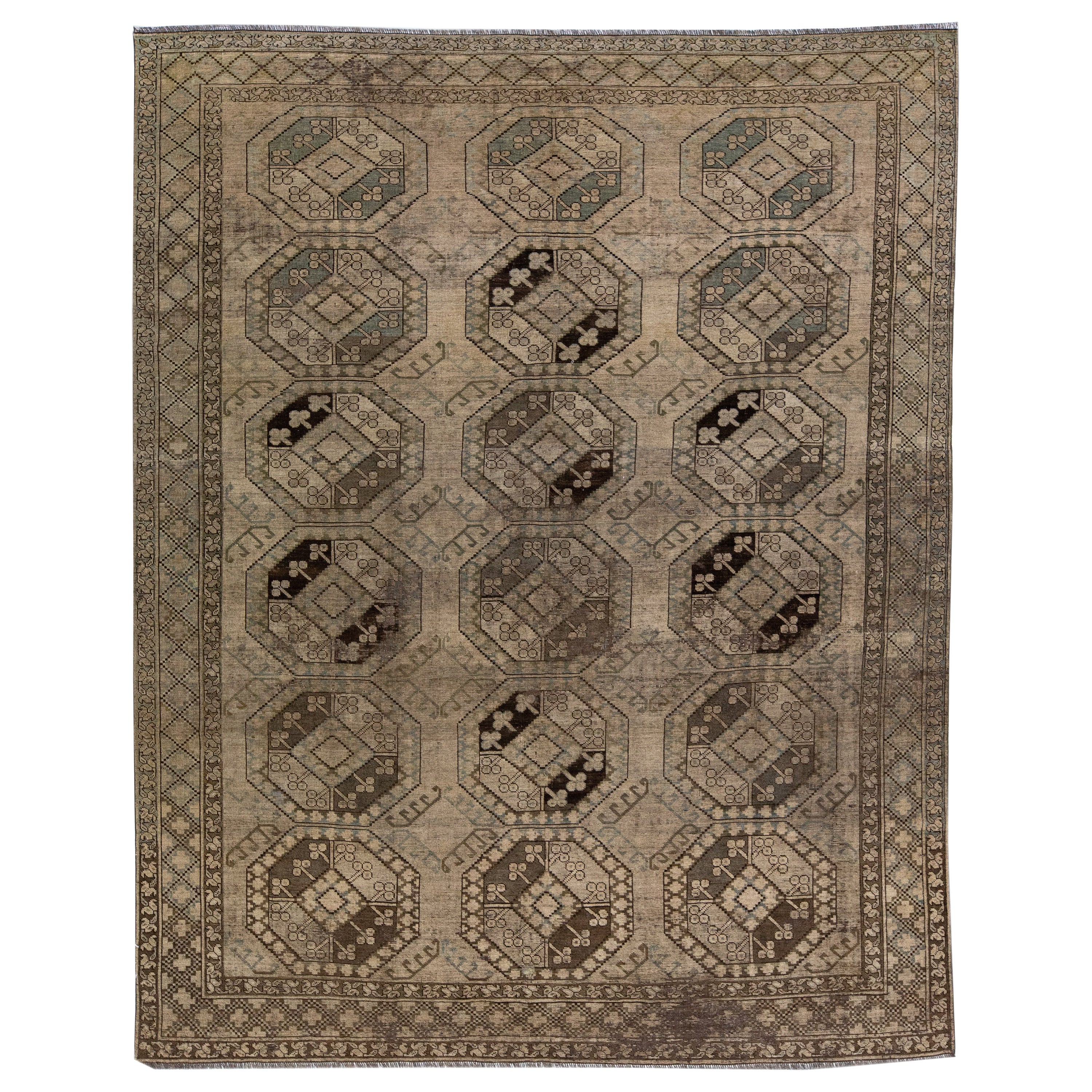 Tapis persan ancien en laine persane fait à la main avec motif géométrique en marron clair