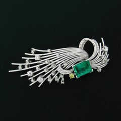 Antique Handmade Platinum 7.3ctw GIA Colombian Emerald Round Diamond Wire Brooch