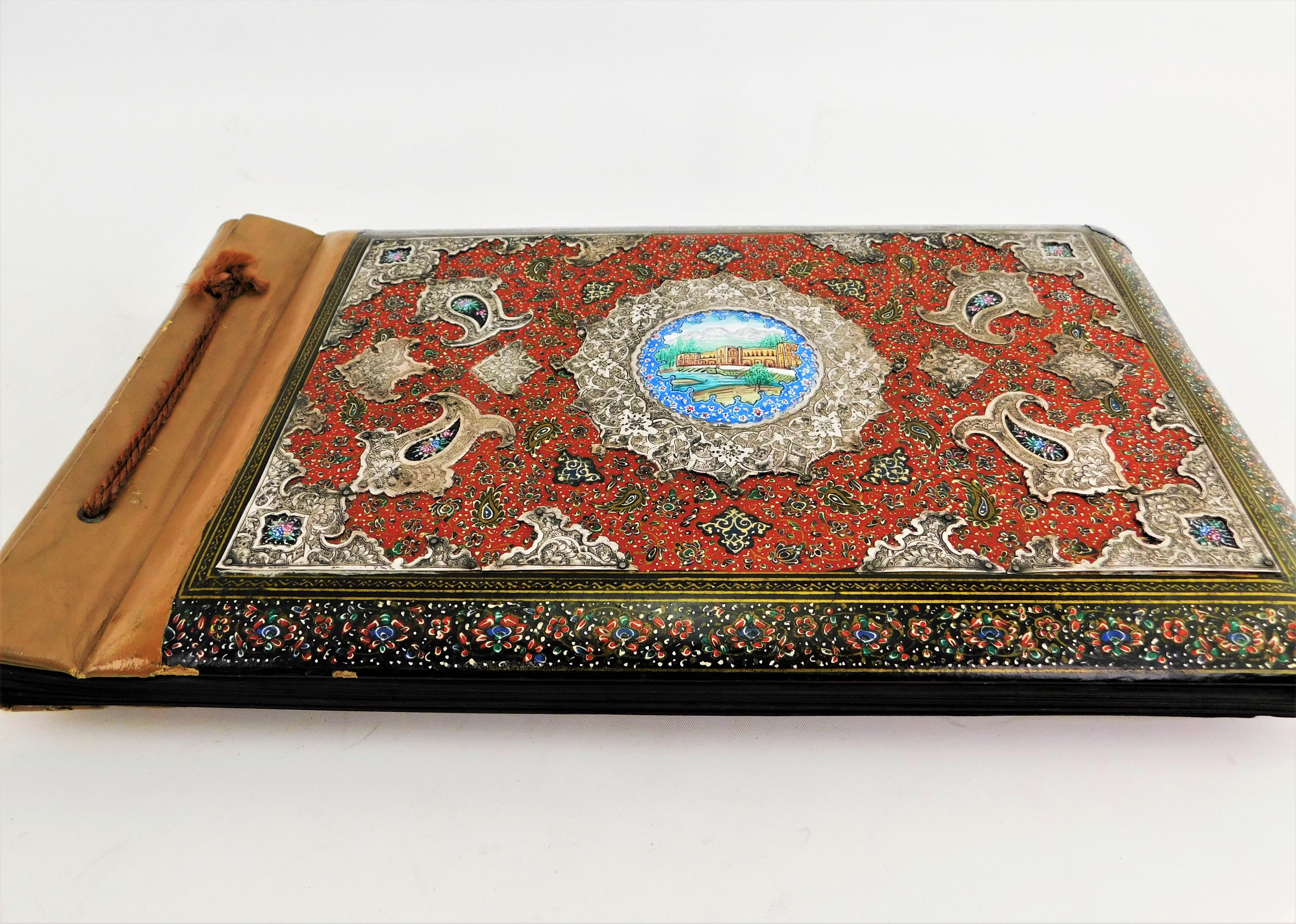 Antique Handmade Qajar Persian Lacquer Photo Album Silver on Leather For Sale 3