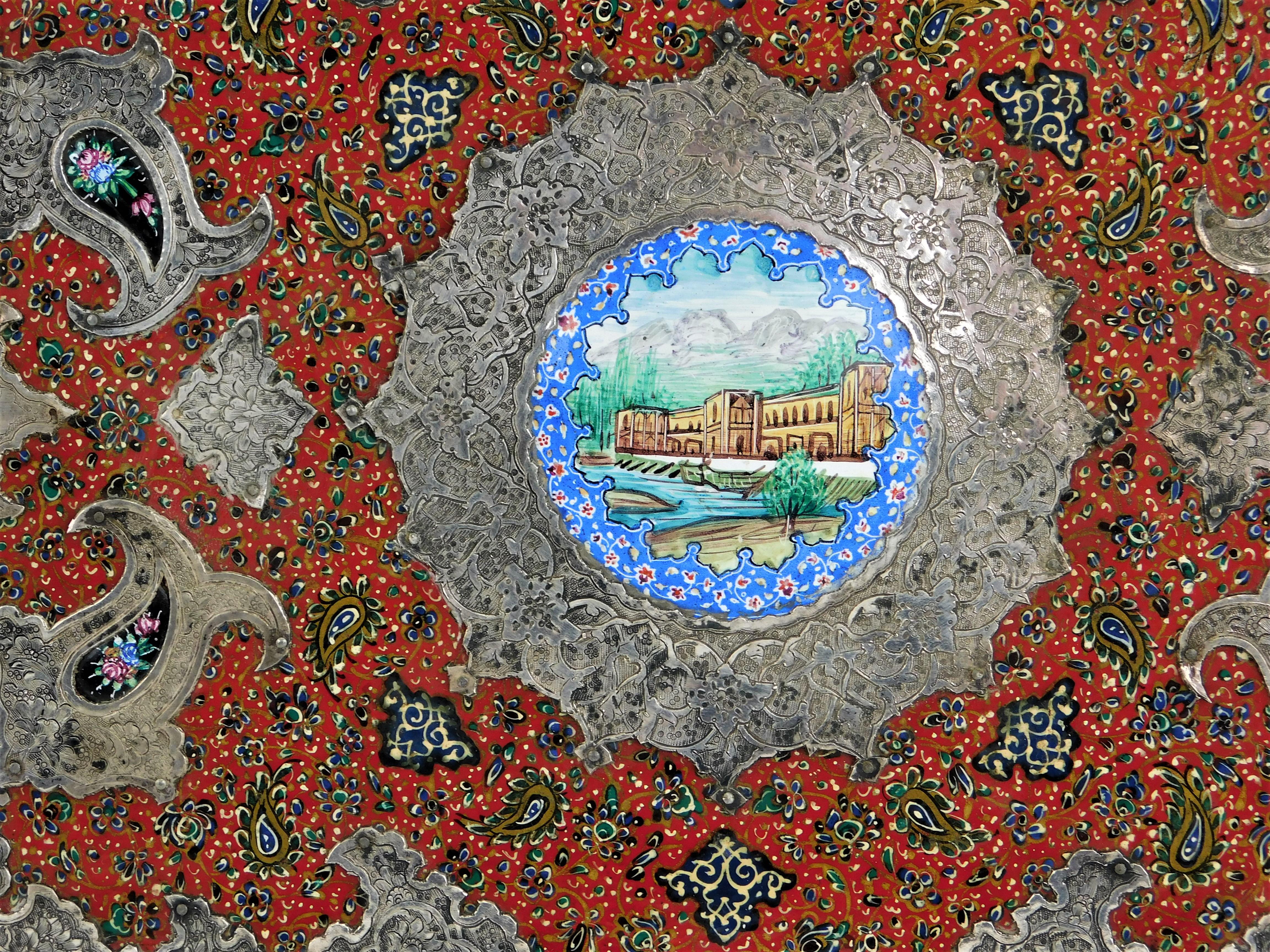 Antikes handgefertigtes Qajar Persischer Lack-Foto album Silber auf Leder, Qajar (Islamisch) im Angebot