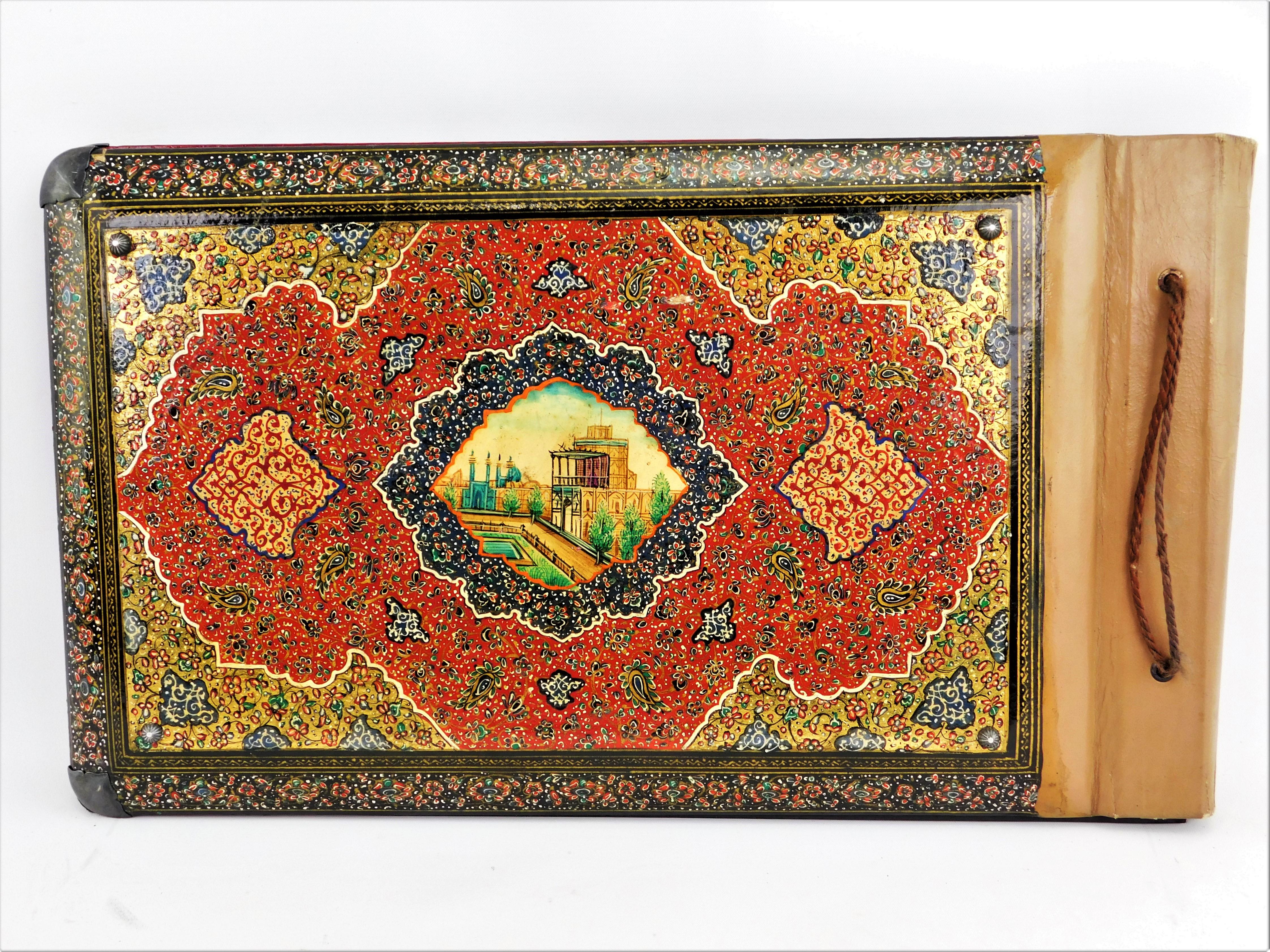 Islamic Antique Handmade Qajar Persian Lacquer Photo Album Silver on Leather For Sale