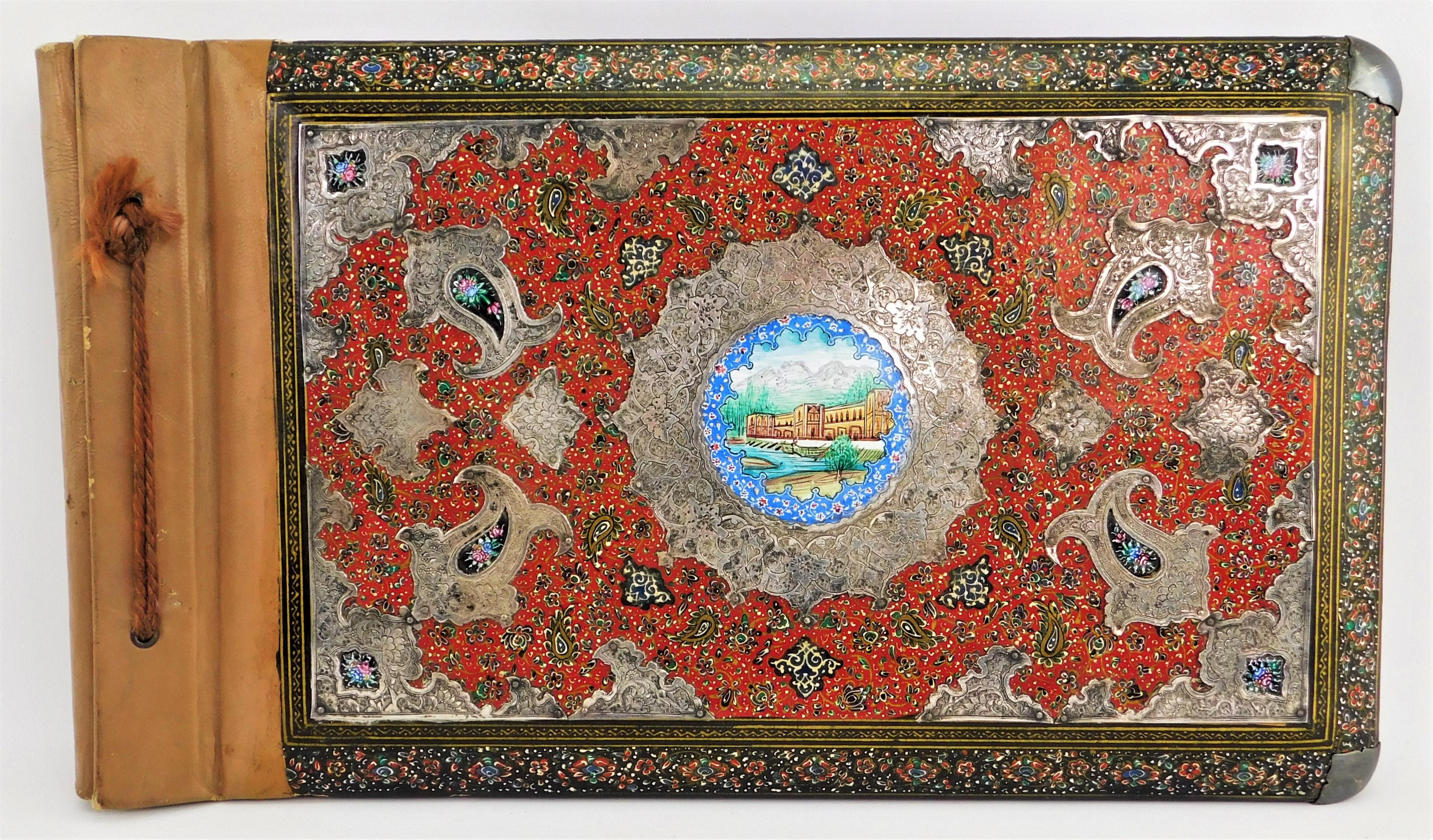 Antikes handgefertigtes Qajar Persischer Lack-Foto album Silber auf Leder, Qajar im Angebot 1