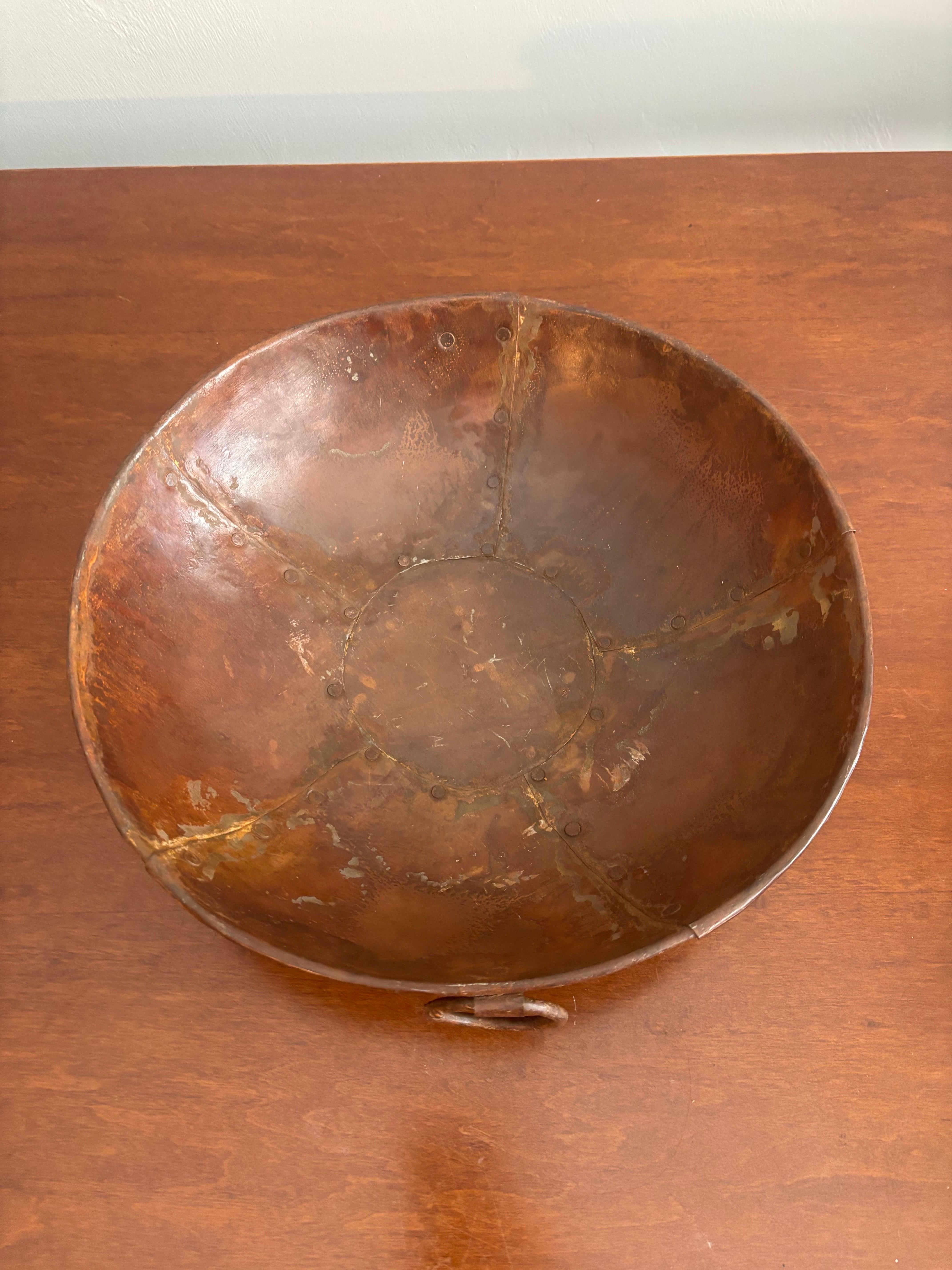 19th Century Antique Handmade Riveted Copper Bowl For Sale