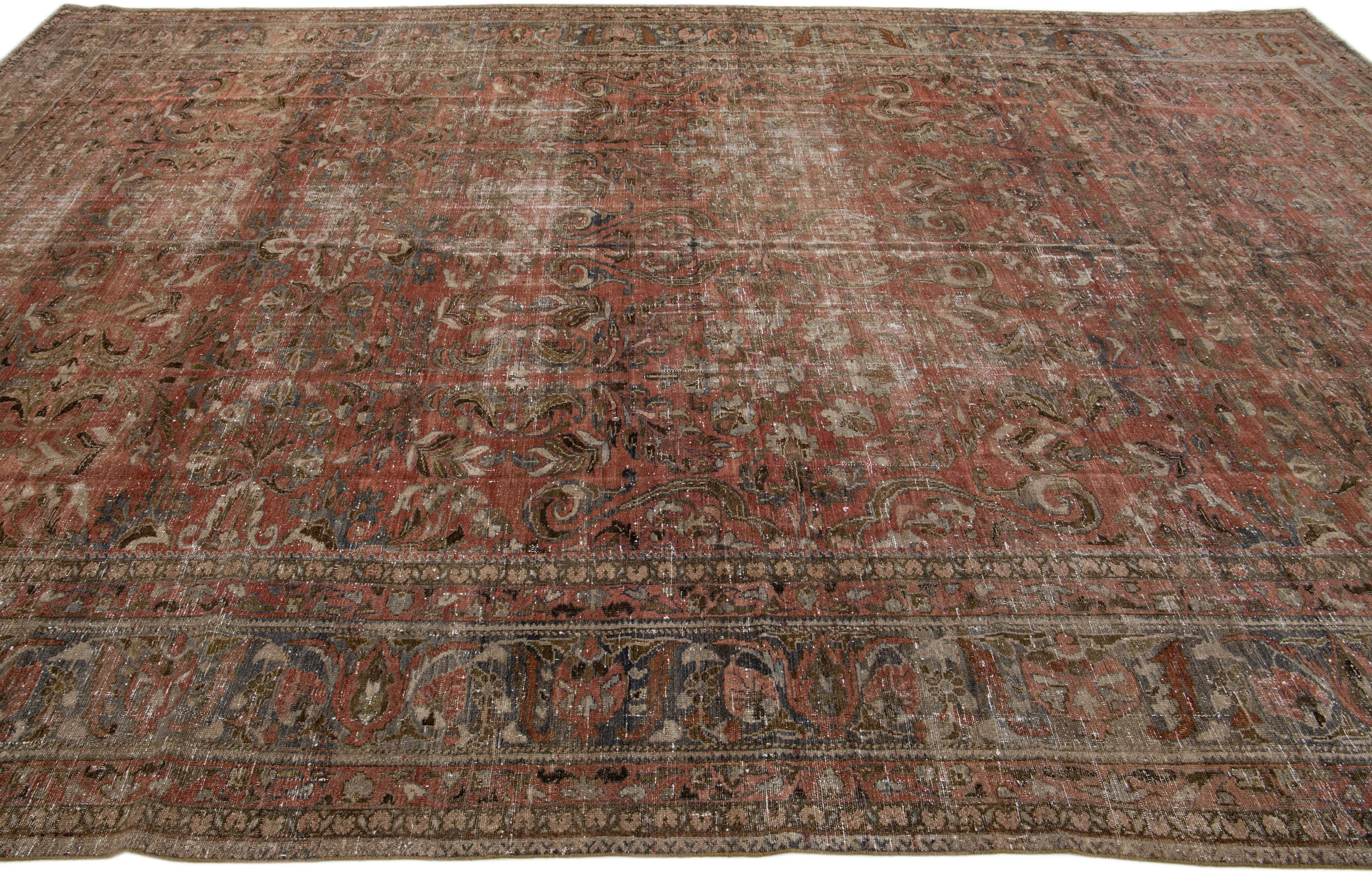 Antique Handmade Rust Persian Malayer Wool Rug With Floral Design In Good Condition For Sale In Norwalk, CT