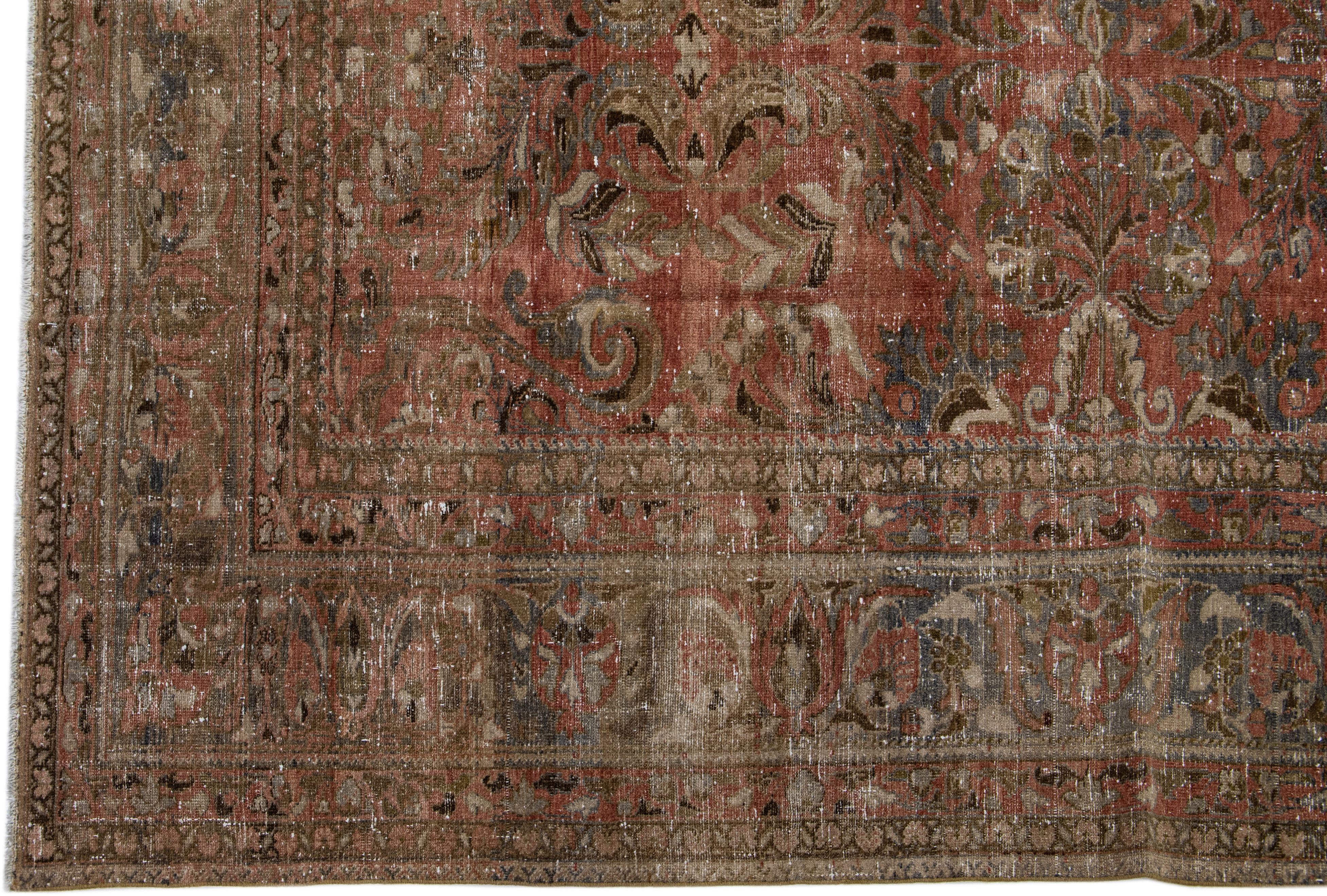 20th Century Antique Handmade Rust Persian Malayer Wool Rug With Floral Design For Sale