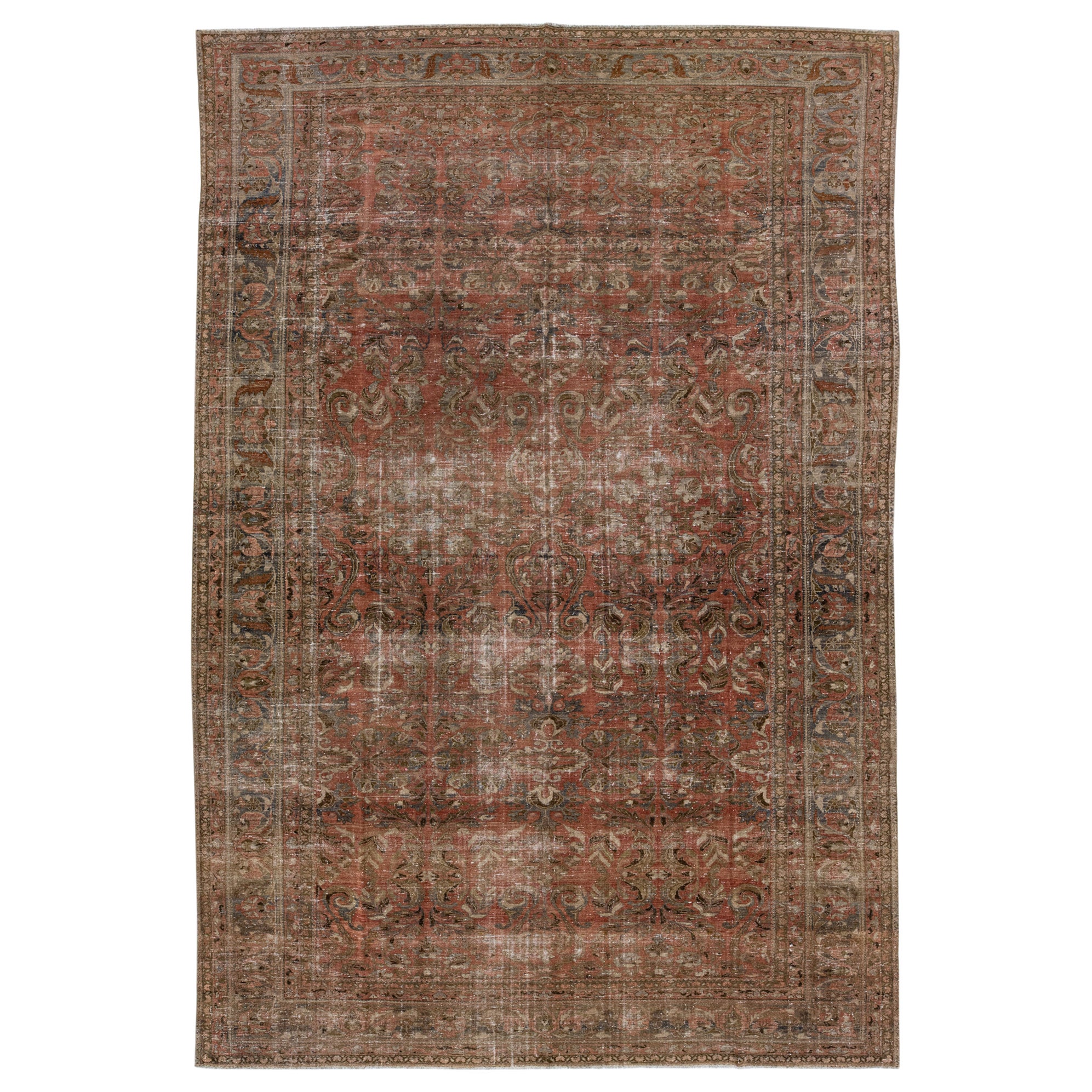 Antique Handmade Rust Persian Malayer Wool Rug With Floral Design
