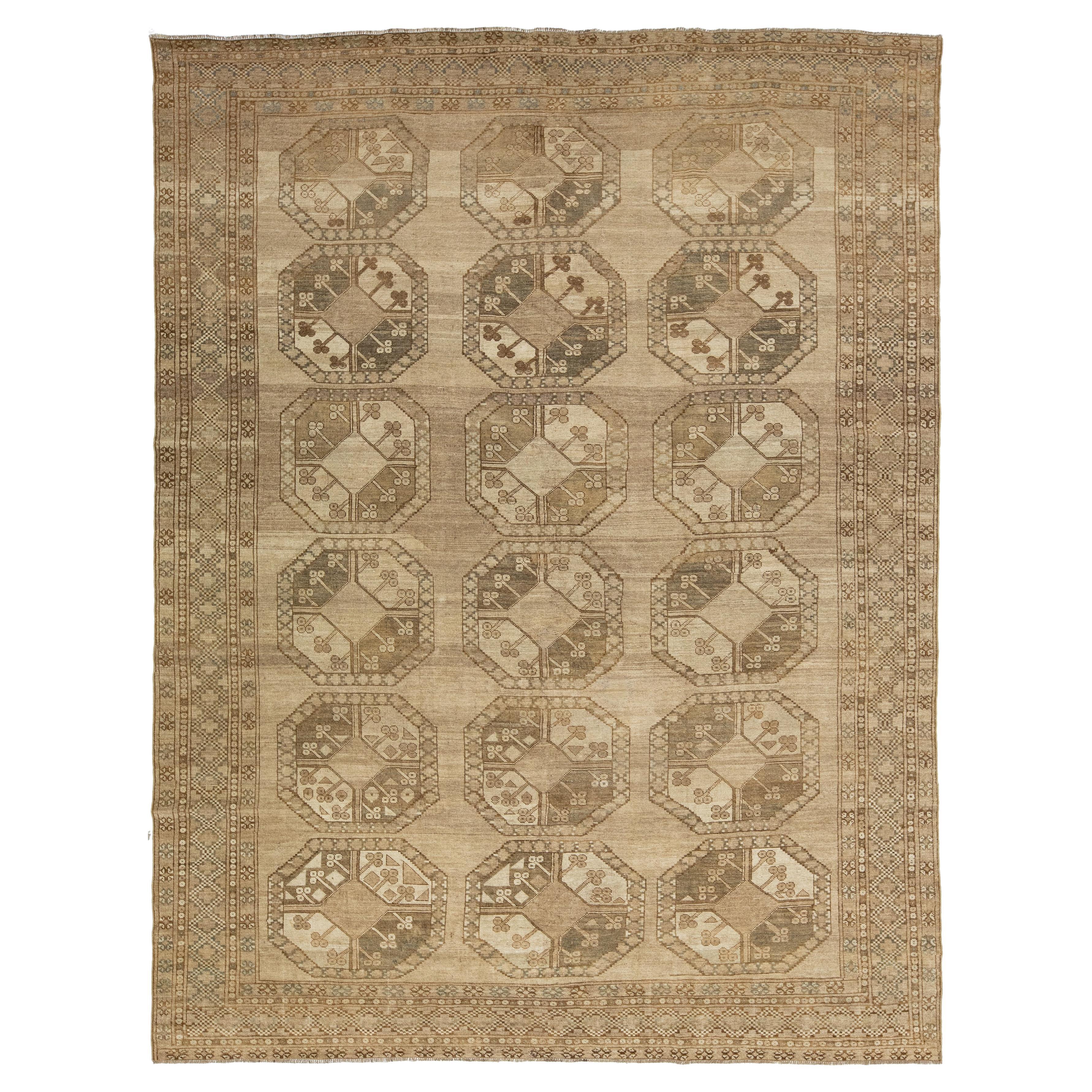 Tapis turc antique fait à la main avec motif de Gul en beige