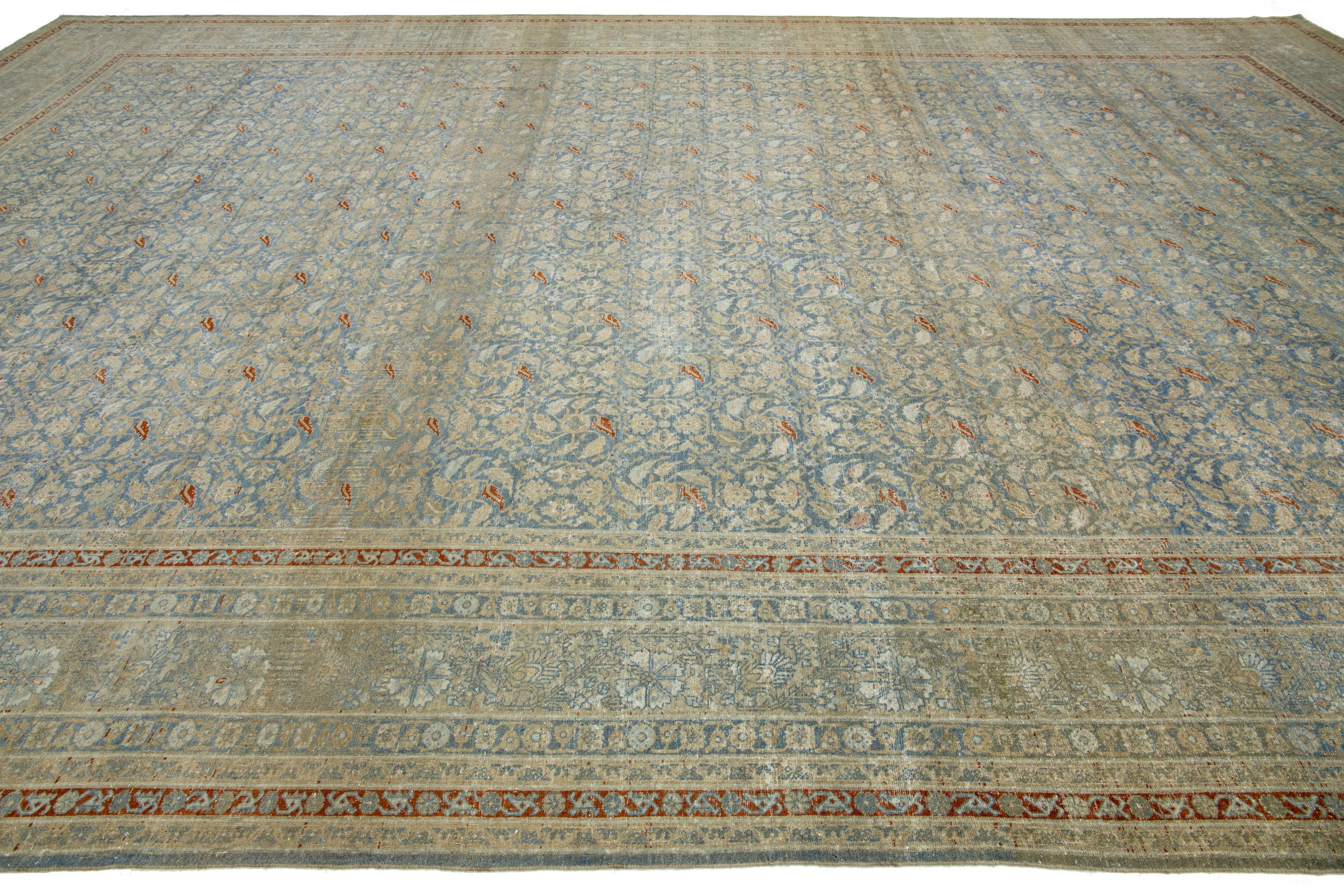 20th Century Antique Handmade Wool Rug Persian Tabriz With Allover Motif In Blue  For Sale