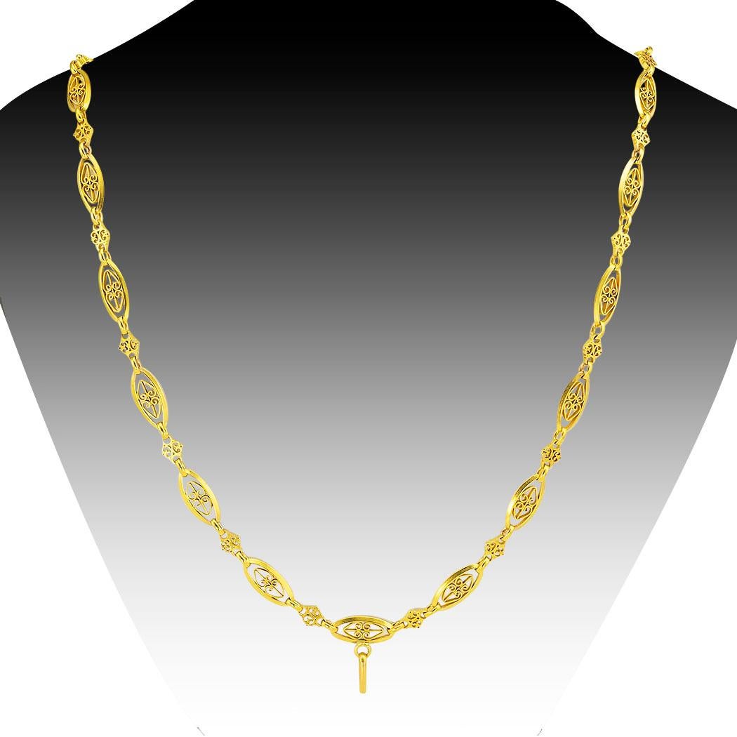 Antique handmade yellow gold long chain circa 1900. *

ABOUT THIS ITEM:  #N-DJ715G. Scroll down for specifications.  Antique gold long chains such as this are favorites with women who love wearing them nested with other chains or simply by