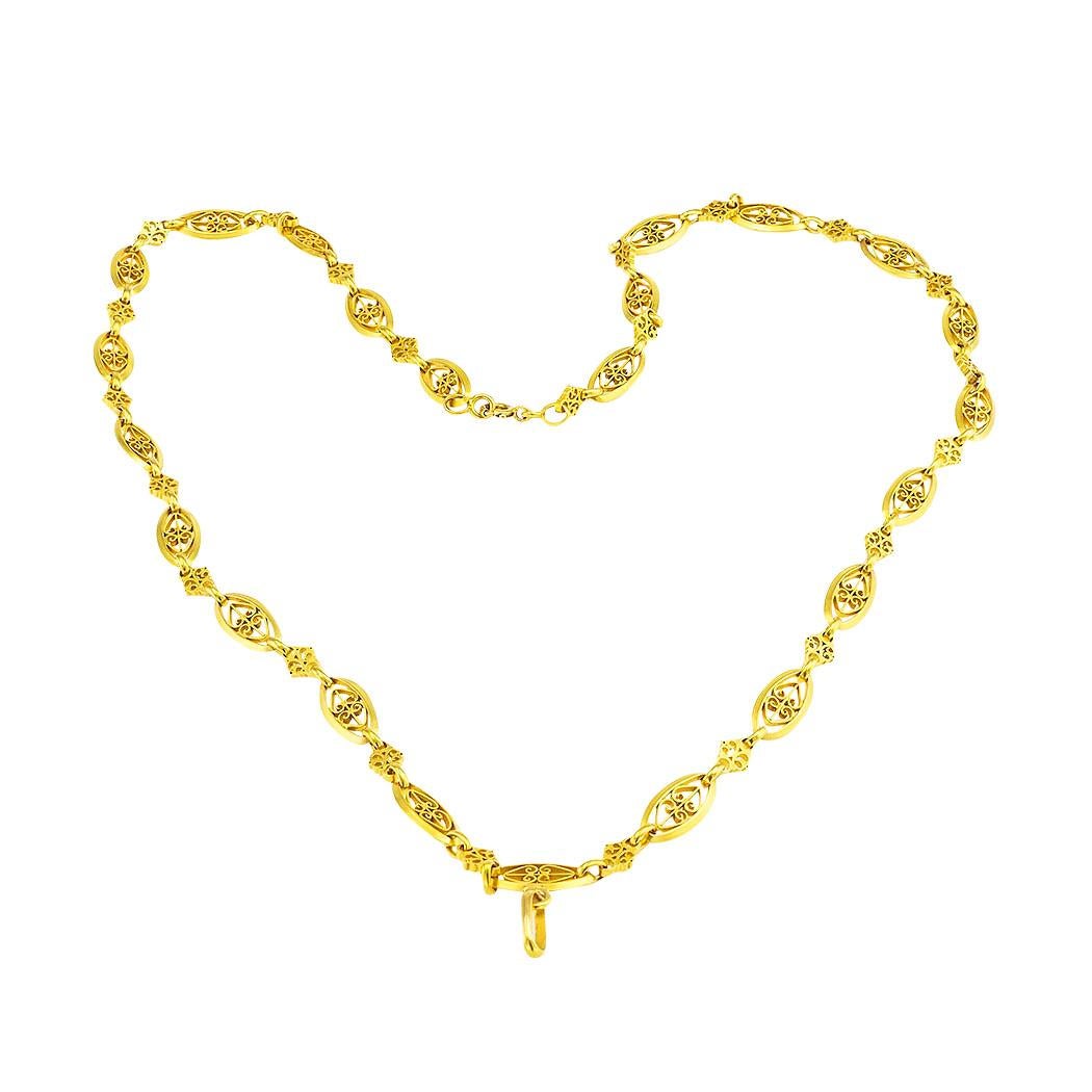 Antike handgefertigte lange Halskette aus Gelbgold im Zustand „Gut“ im Angebot in Los Angeles, CA