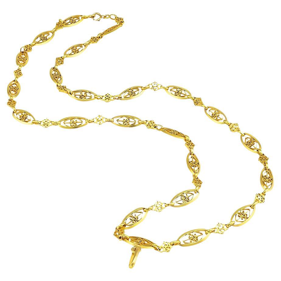 Antique Handmade Yellow Gold Long Chain Necklace For Sale
