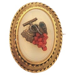 Antique Handmade Yellow Gold White Hardstone Coral Bead Grape Bunch Pin Brooch