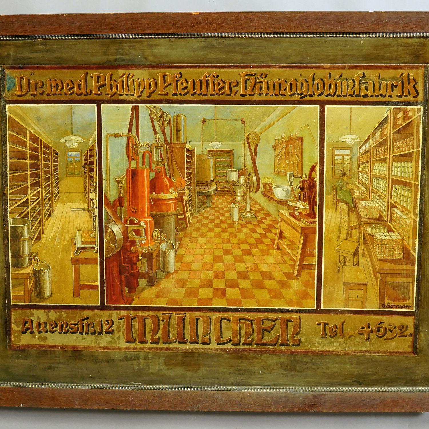 German Antique Hand Painted Advertising Poster for a Hemoglobin Fabrication in Munich For Sale
