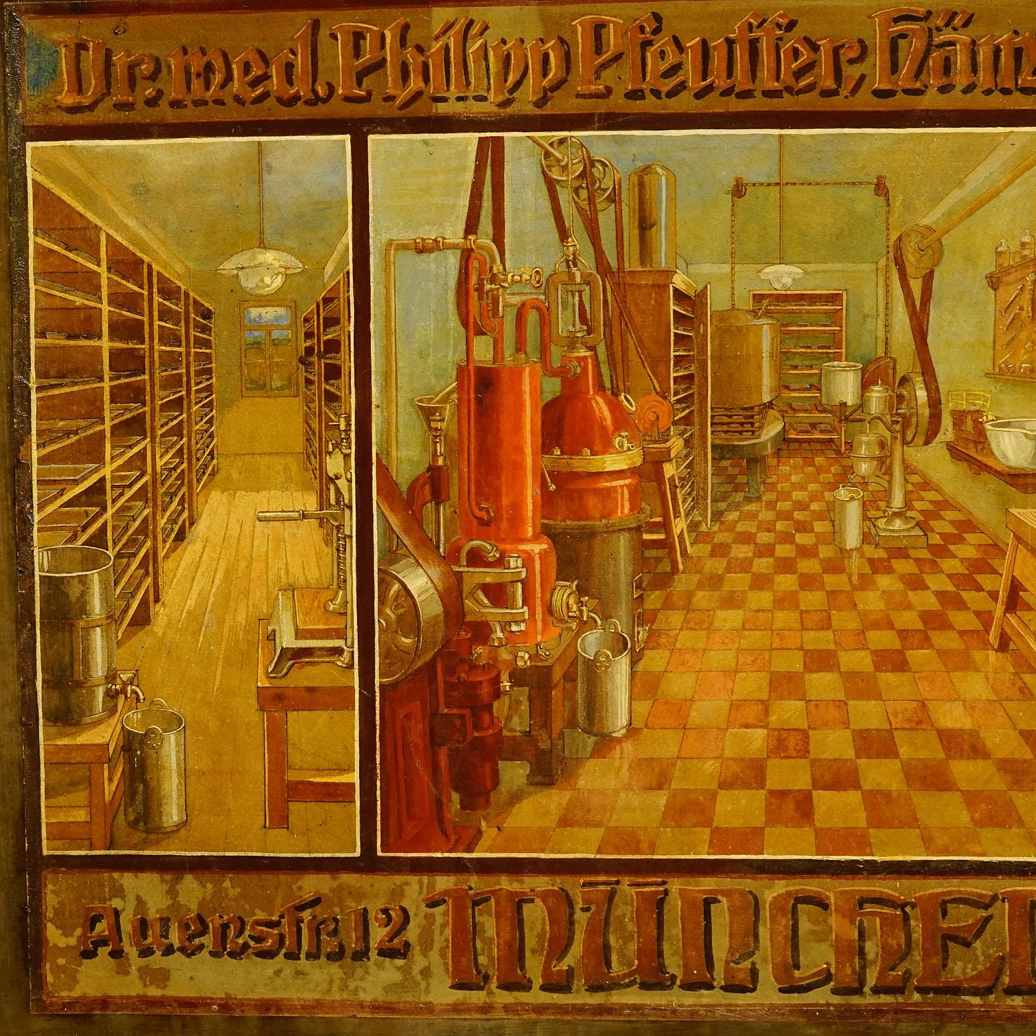 Hand-Carved Antique Hand Painted Advertising Poster for a Hemoglobin Fabrication in Munich For Sale