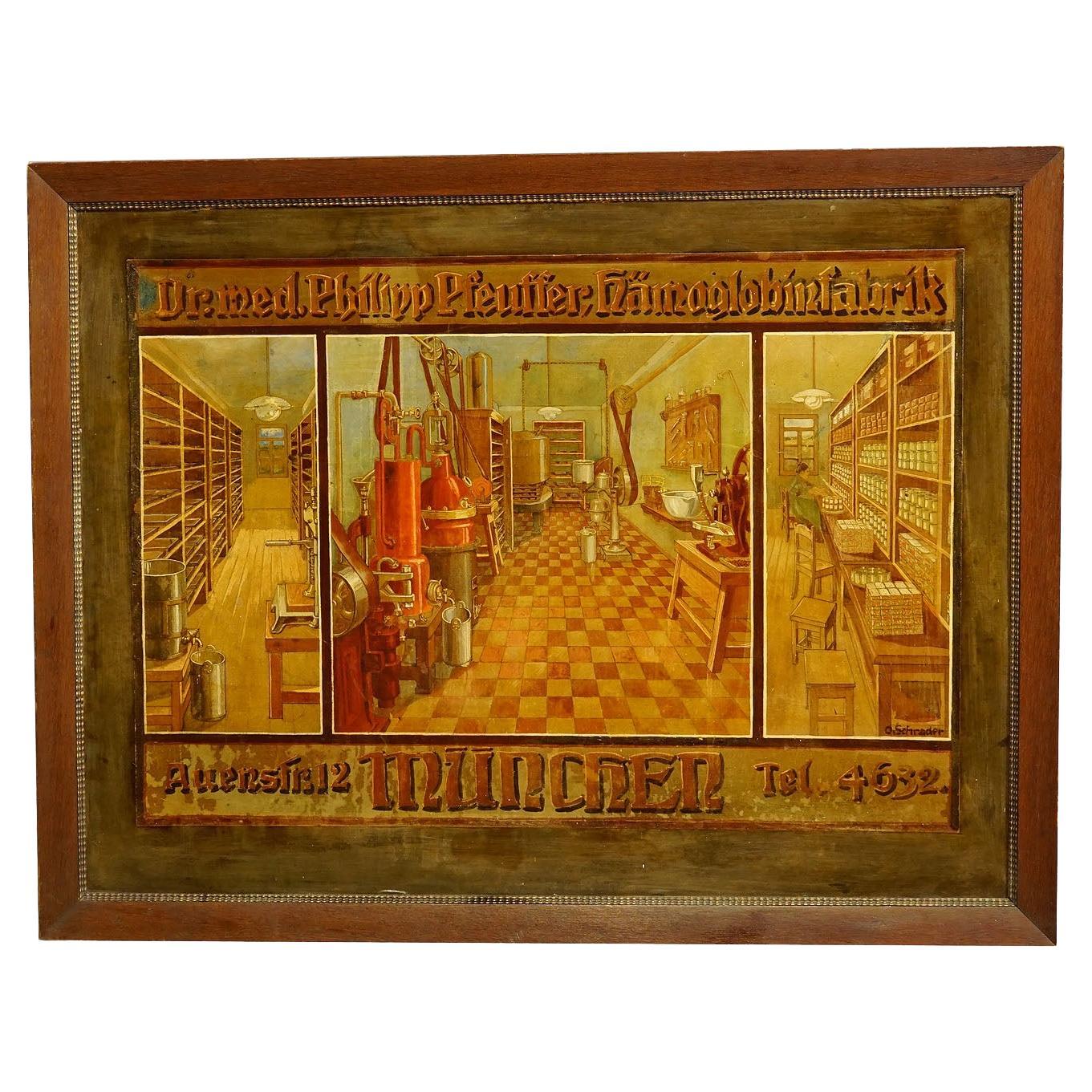 Antique Hand Painted Advertising Poster for a Hemoglobin Fabrication in Munich For Sale