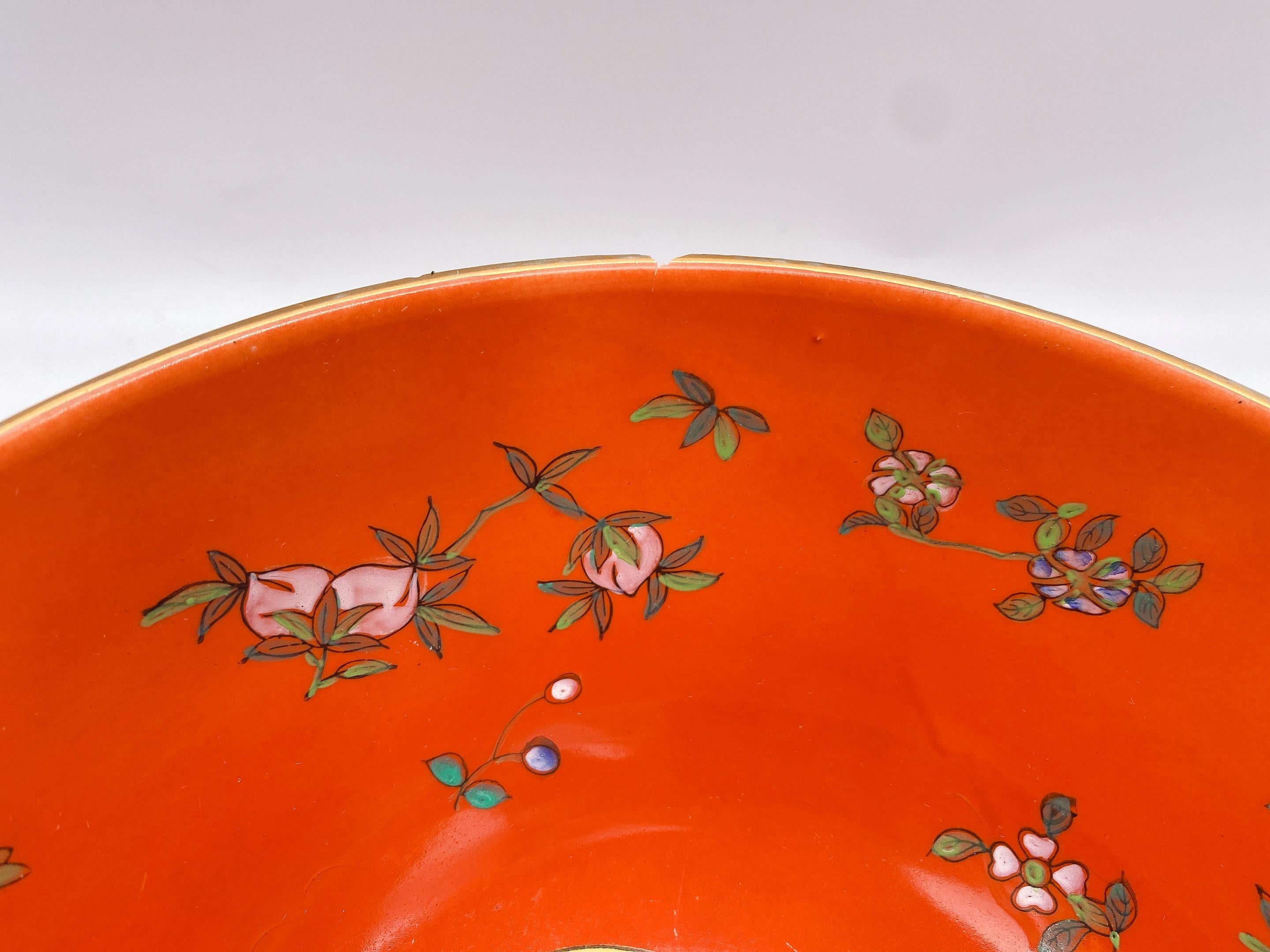 Carved Antique Handpainted Chinese Famille Rose Porcelain Bowl For Sale