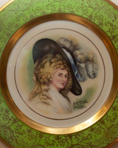 Antique Handpainted Osborne China Plate Mounted in Gold Gilt Carved Wood Frame