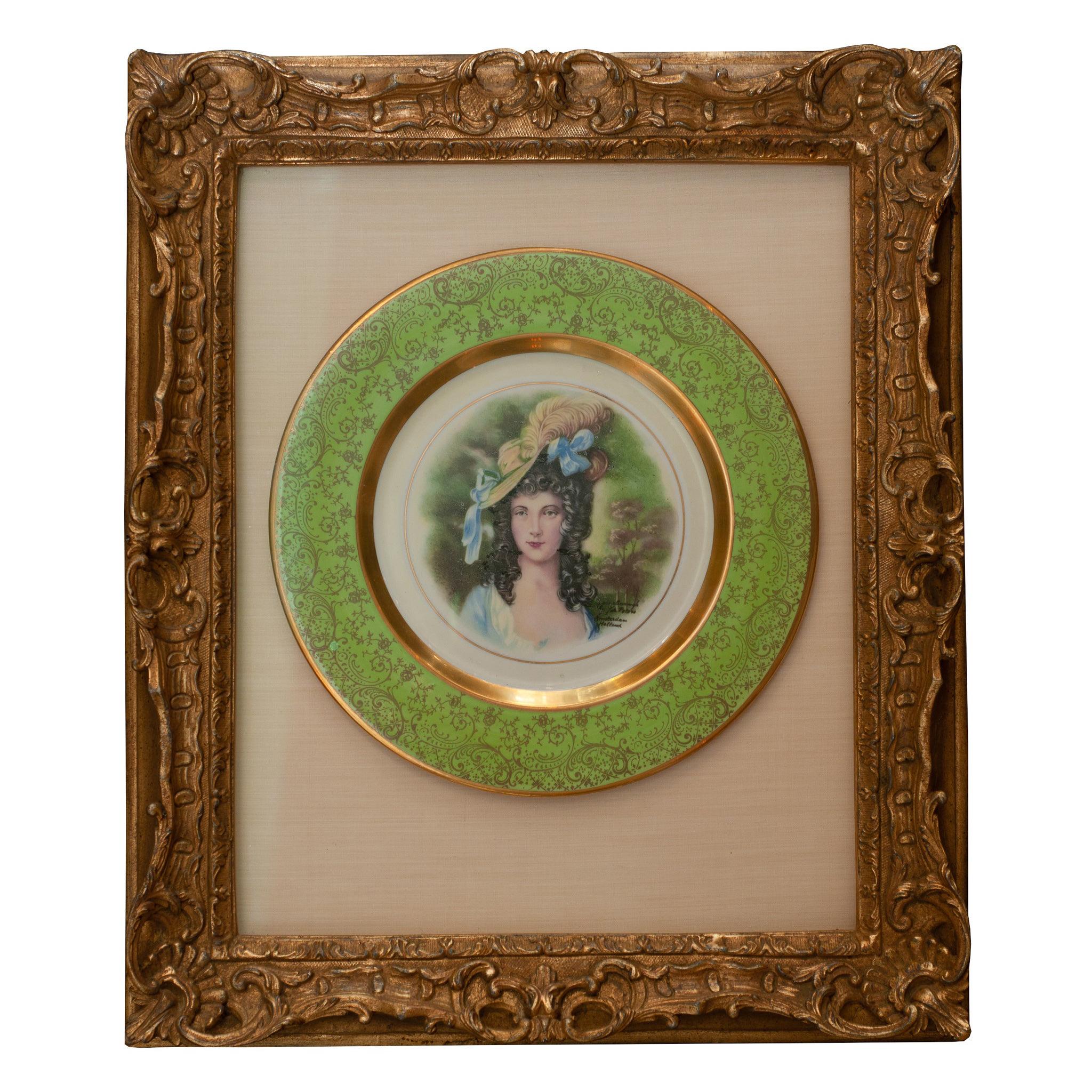 Antique Handpainted Osborne China Plate Mounted in Gold Gilt Carved Wood Frame For Sale