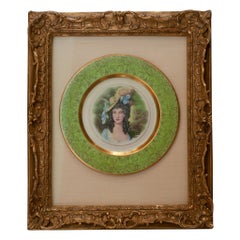 Antiguo Plato de Vajilla Osborne Pintado a Mano Montado en Marco de Madera Tallada Dorada