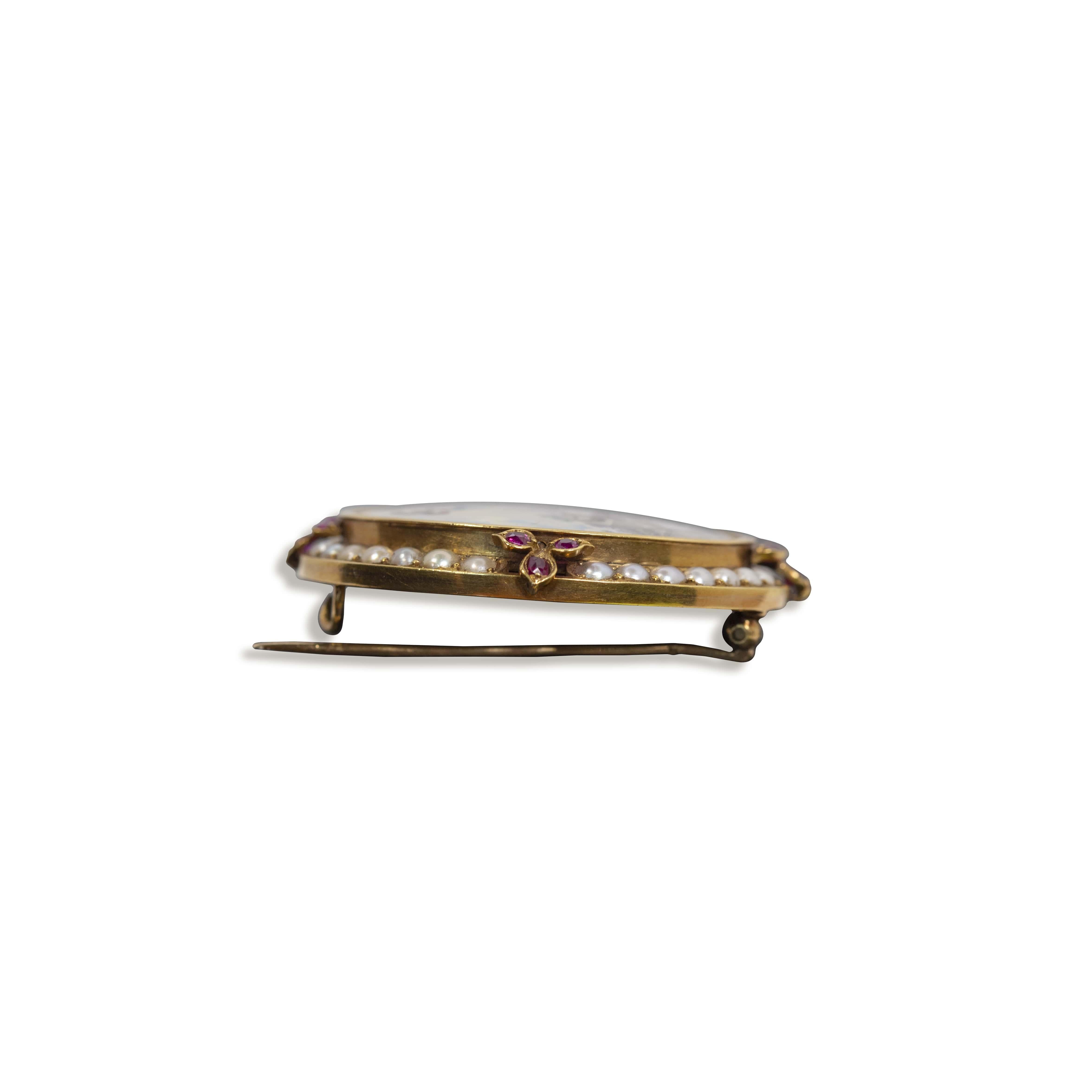 Antique swiss enamel handpainted painting on porcelain from the 1800’s in 18k gold brooch which was made in the 1900’s with natural rubies and cultured pearls. The painting expresses a preorder, a gentleman and two ladies. The height is 2 inches and