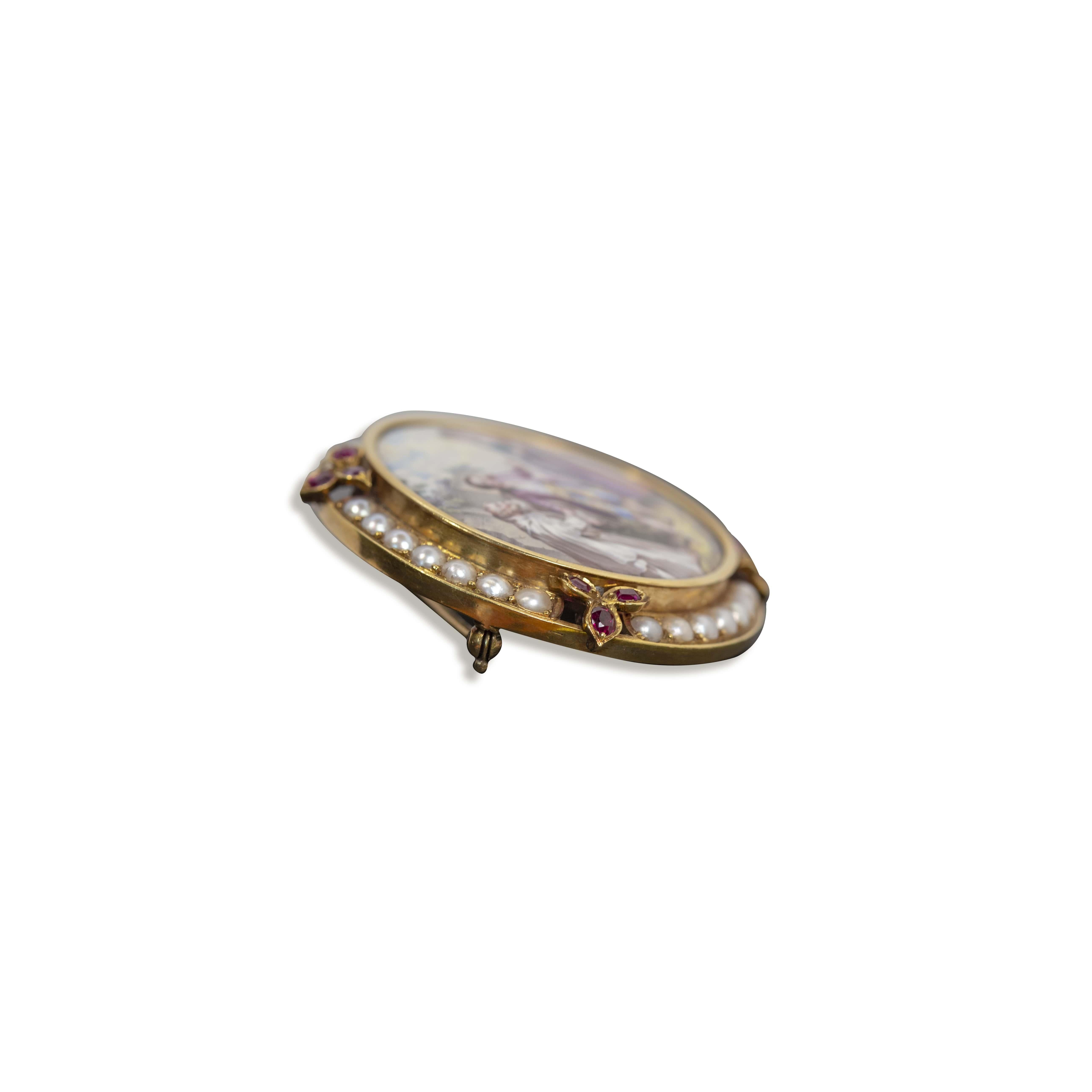 Oval Cut swiss enamel antique painting from the 1800s in 18 Karat Gold Brooch For Sale