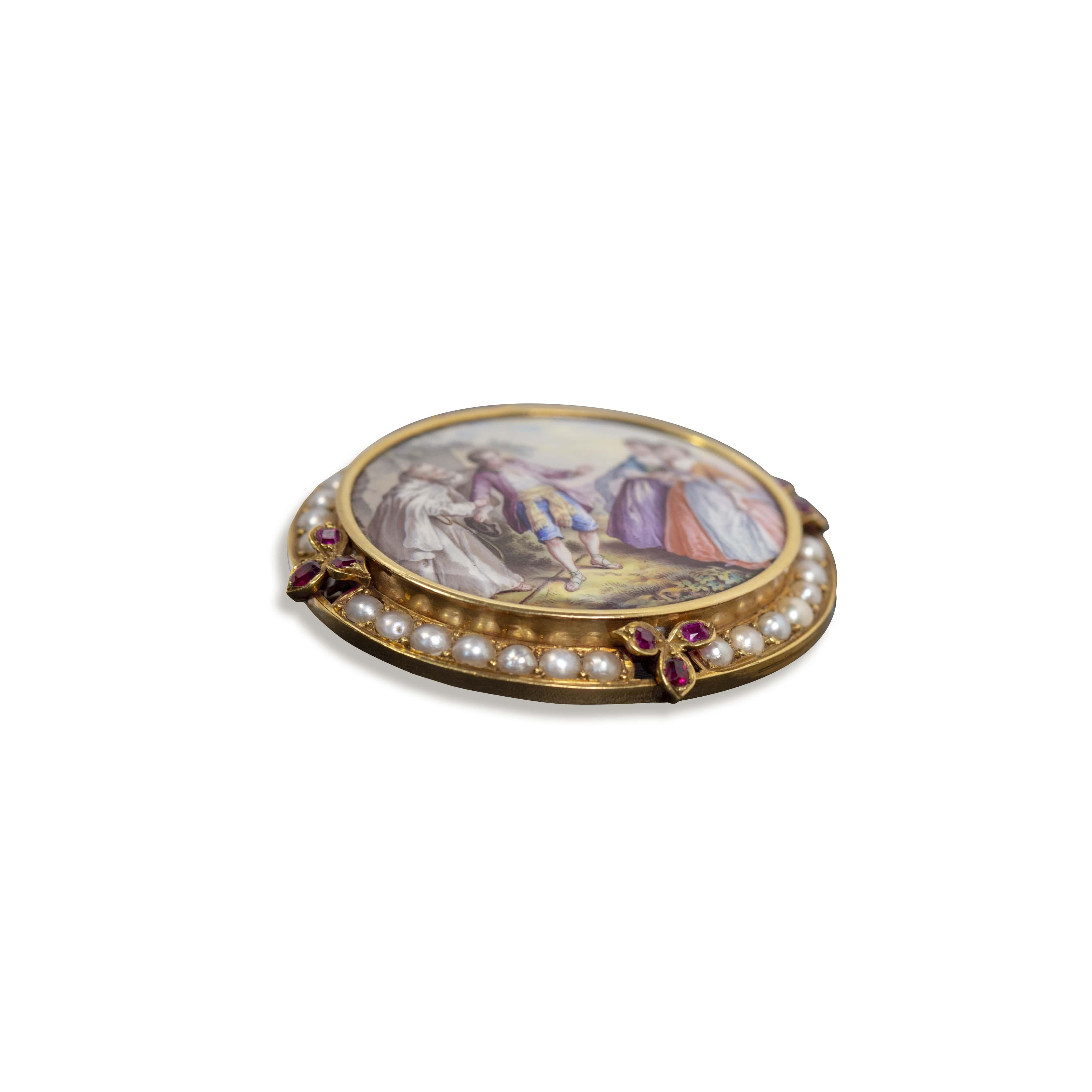 swiss enamel antique painting from the 1800s in 18 Karat Gold Brooch In Good Condition For Sale In Houston, TX