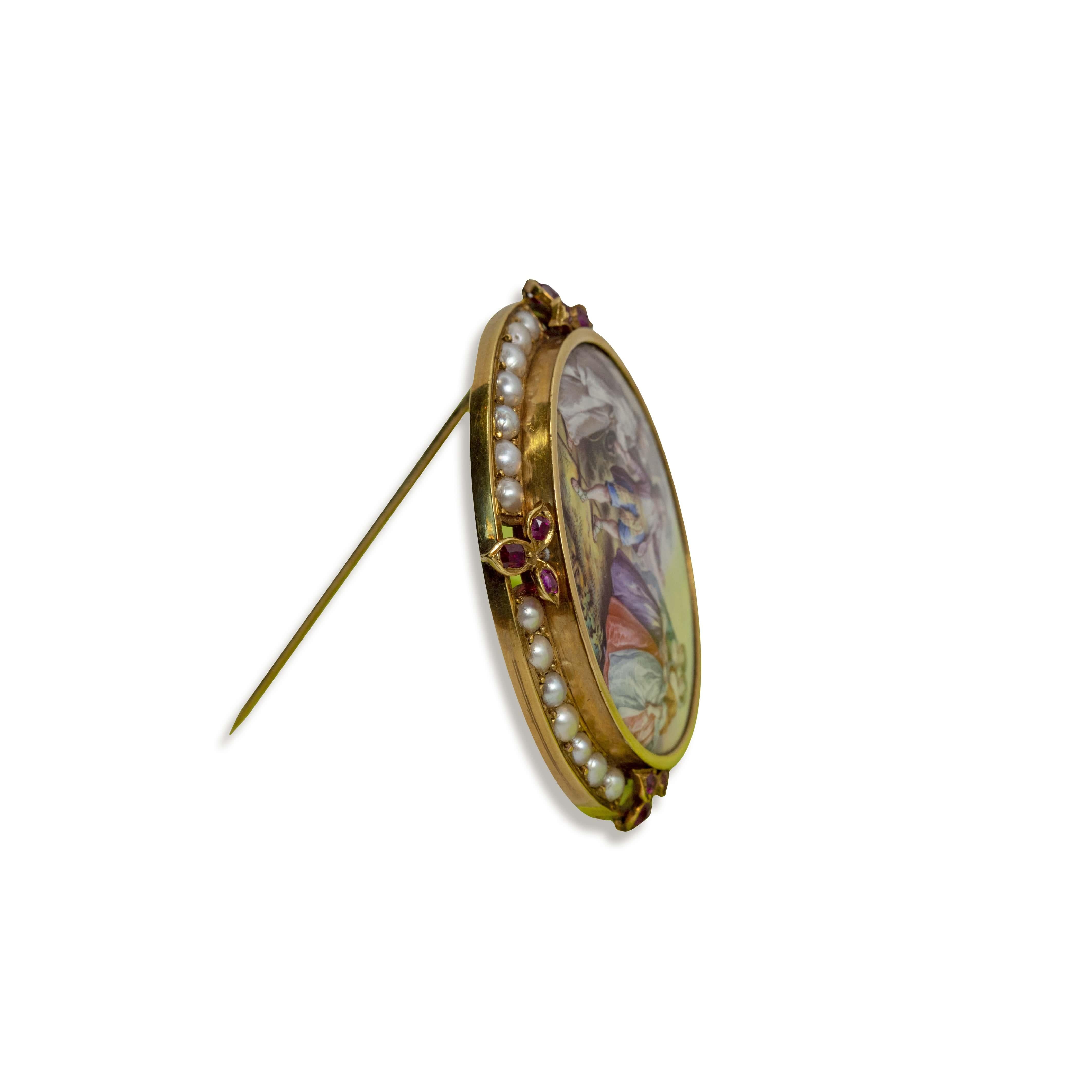swiss enamel antique painting from the 1800s in 18 Karat Gold Brooch For Sale 1