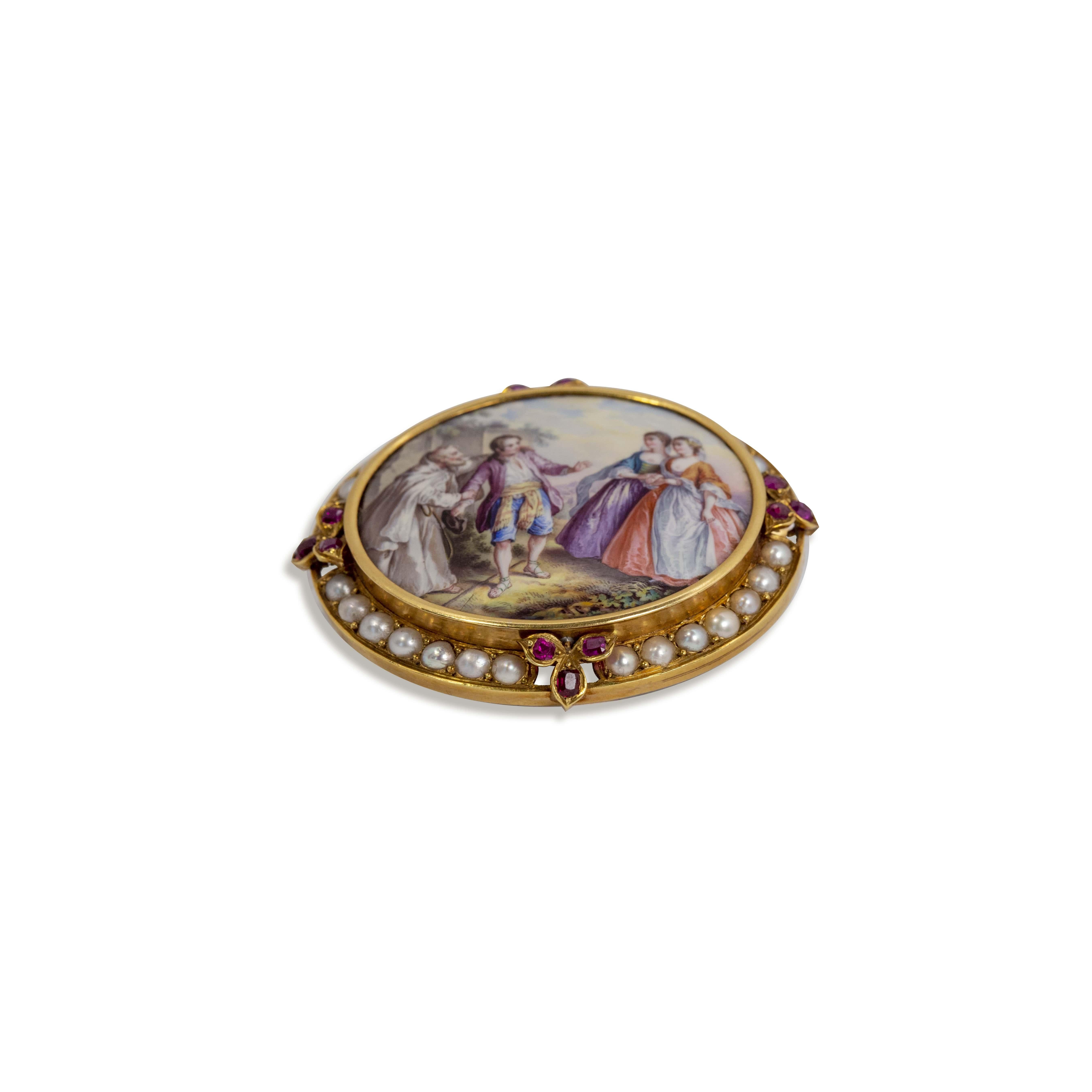 swiss enamel antique painting from the 1800s in 18 Karat Gold Brooch For Sale 2
