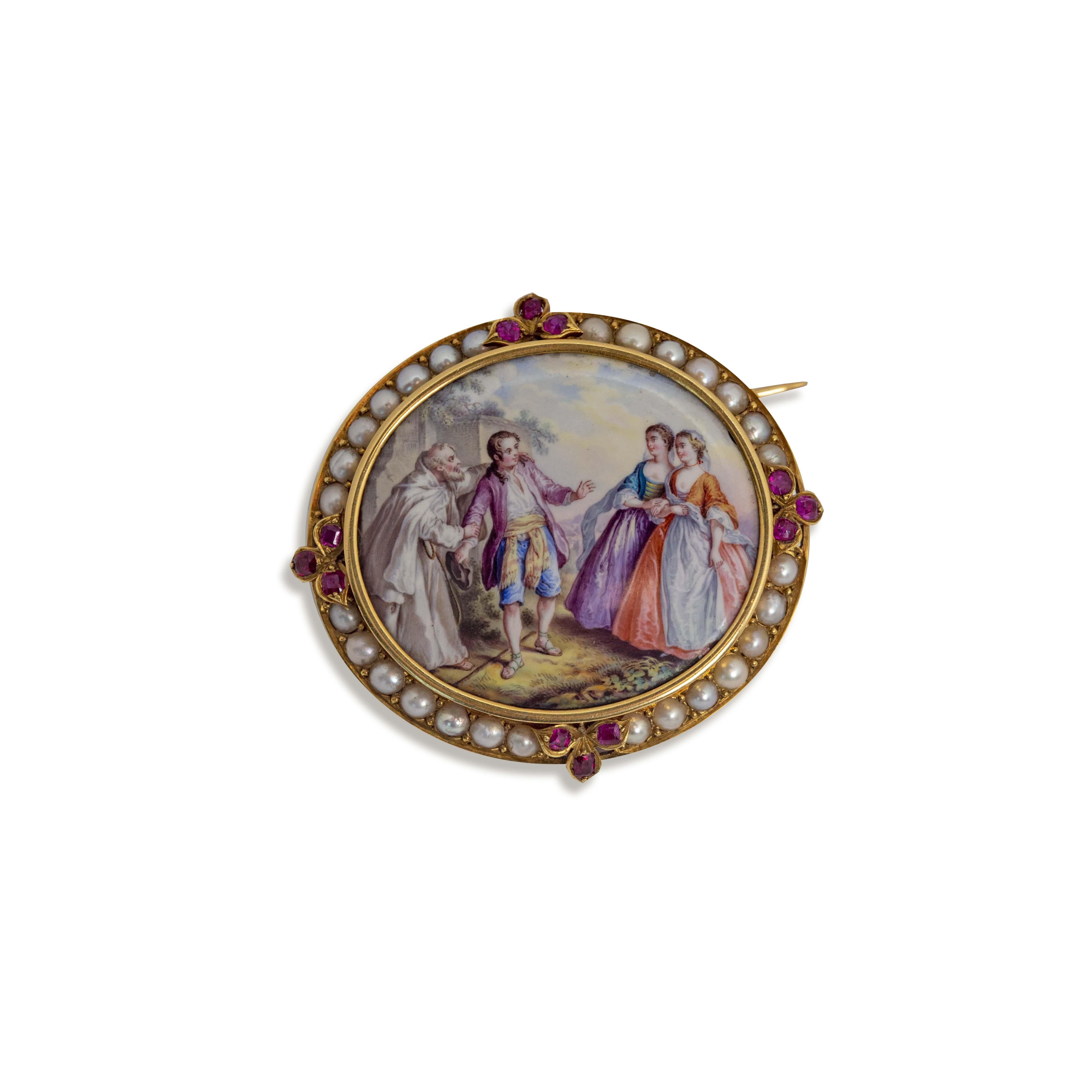 swiss enamel antique painting from the 1800s in 18 Karat Gold Brooch For Sale 3