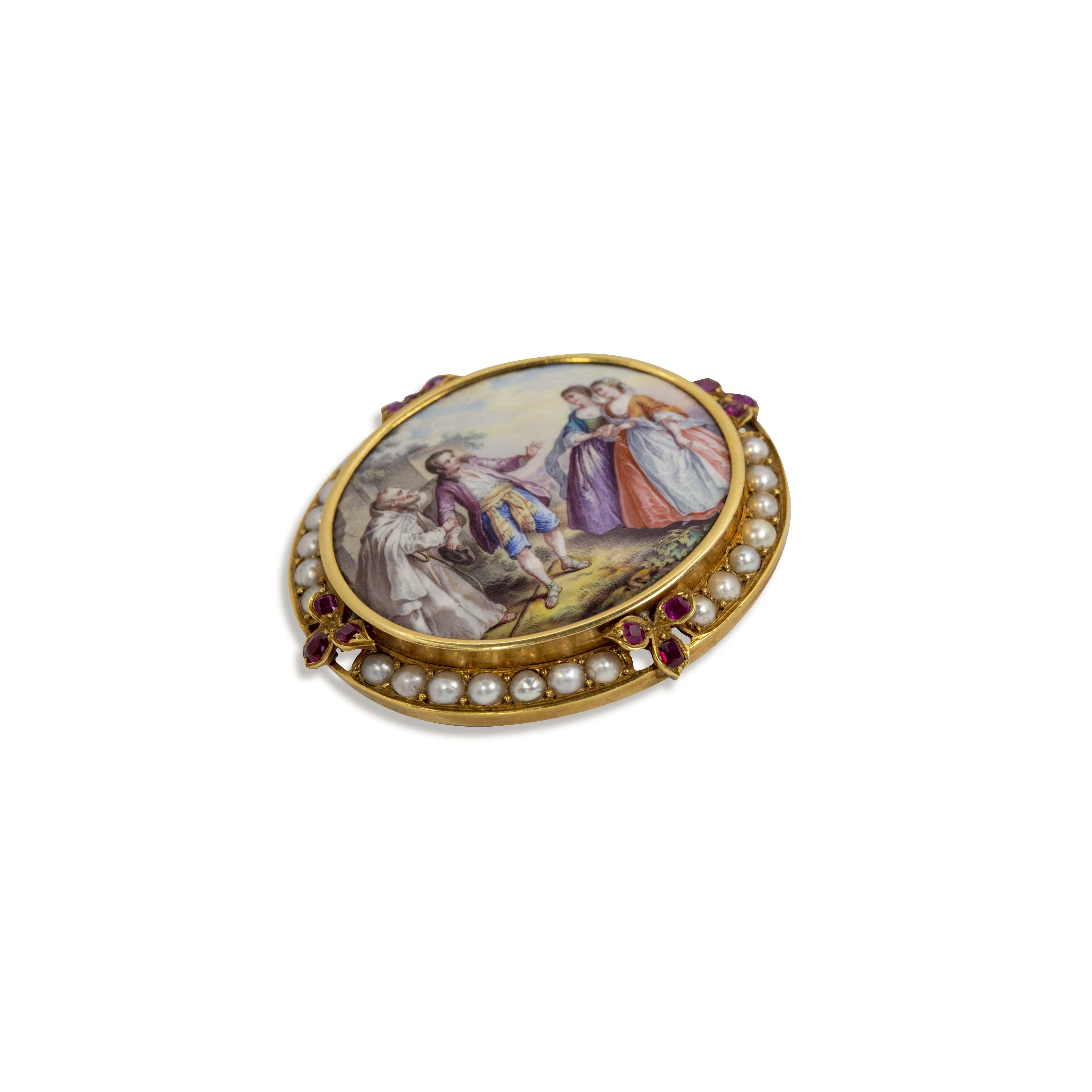 swiss enamel antique painting from the 1800s in 18 Karat Gold Brooch For Sale 4
